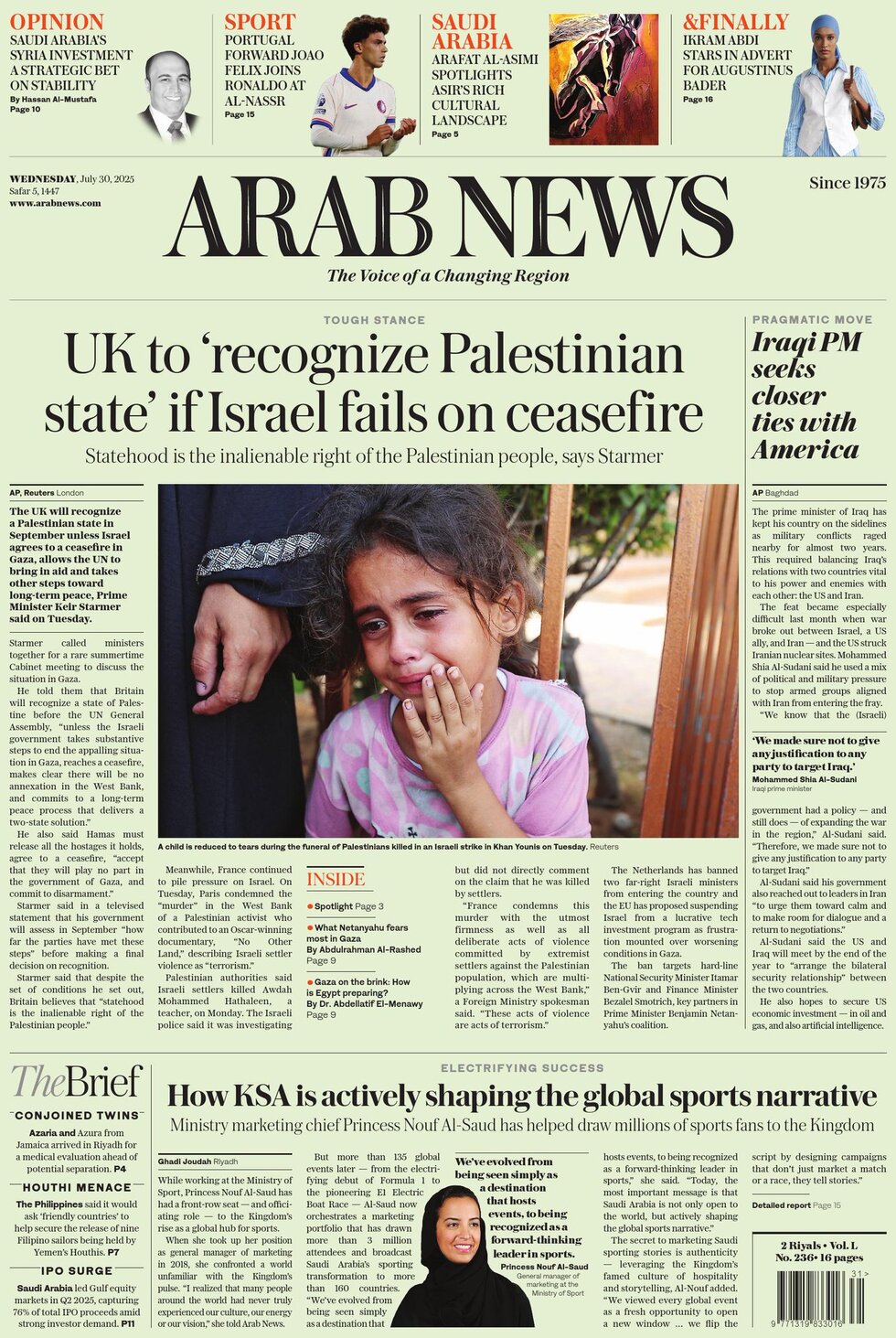 Arab News - Today's Front Page, 30/07/2025