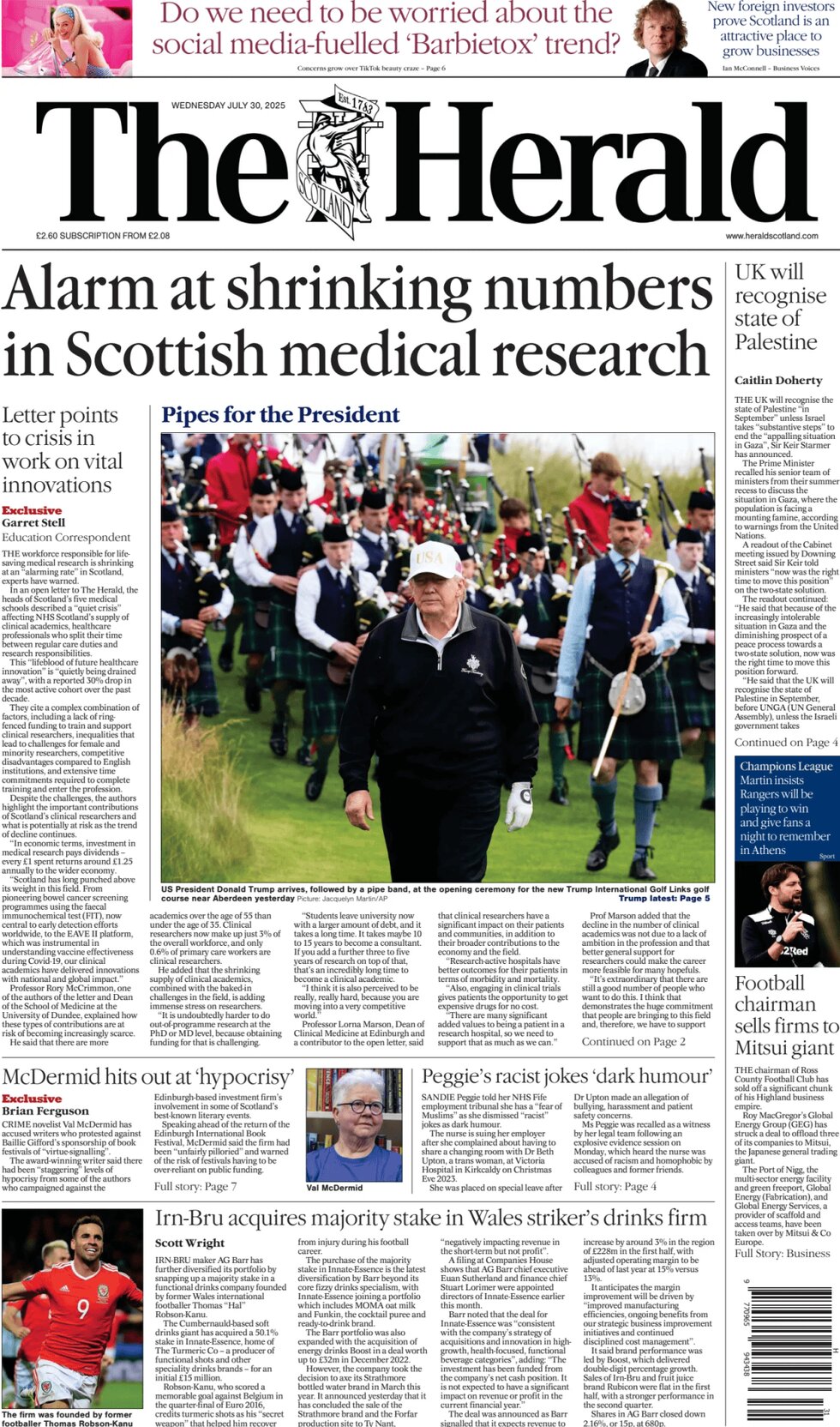 The herald scotland today s front page 30 07 2025