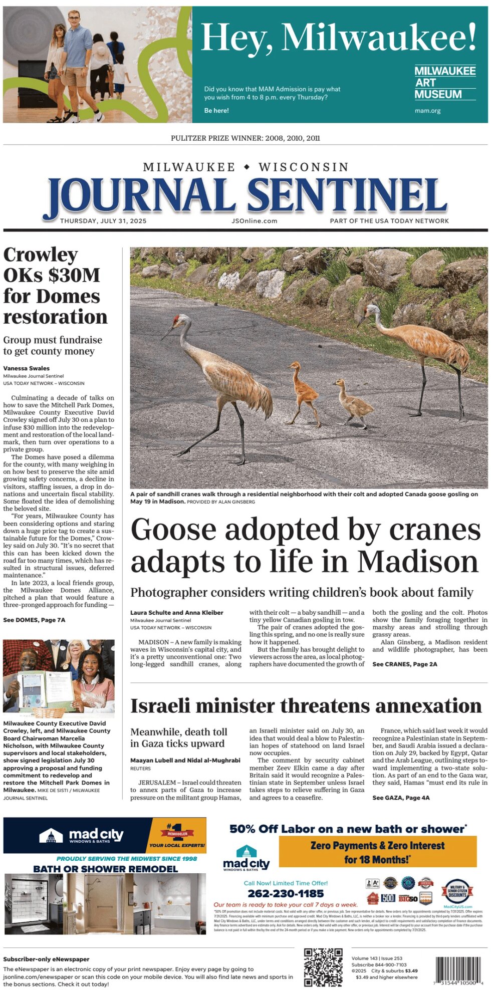 Milwaukee Journal Sentinel Today's Front Page, 31/07/2025(01)