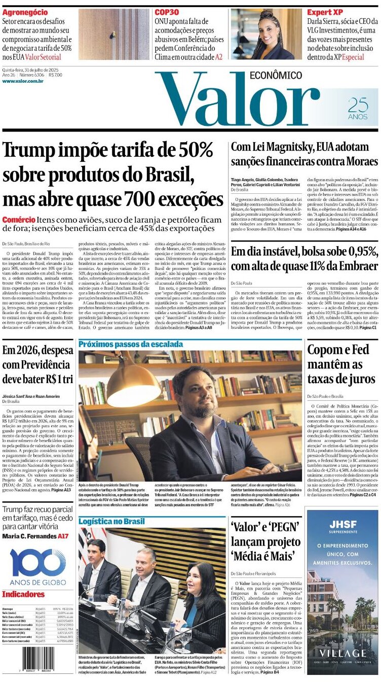 Valor Econômico - Front Page - 07/31/2025