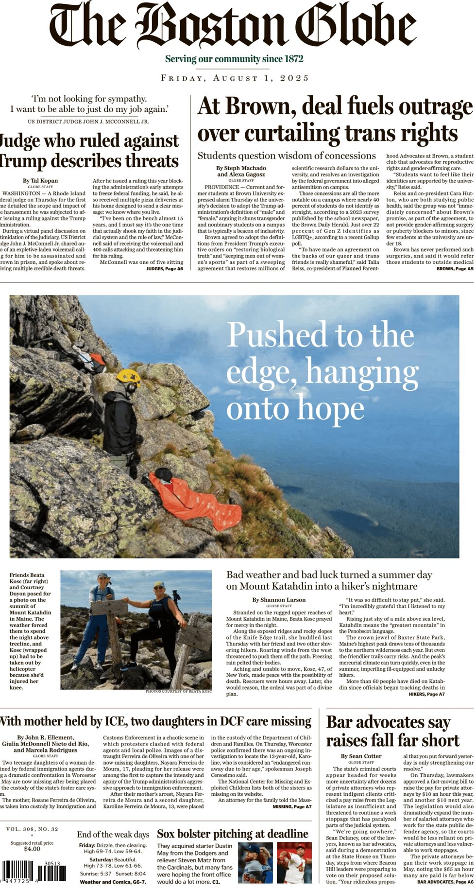 The Boston Globe - Today's Front Page, 01/08/2025
