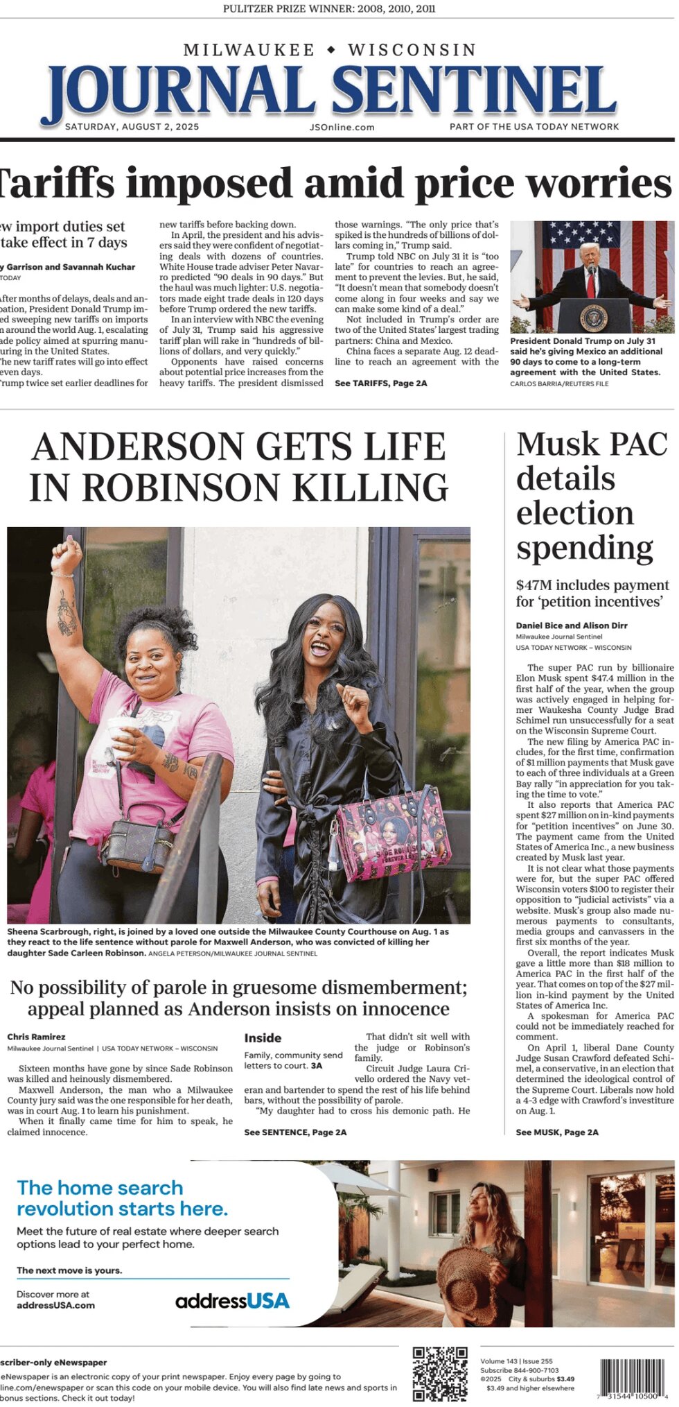 Milwaukee Journal Sentinel Today's Front Page, 02/08/2025