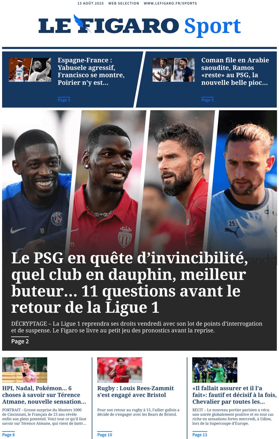 Le Figaro SPORT - Front Page - 08/15/2025