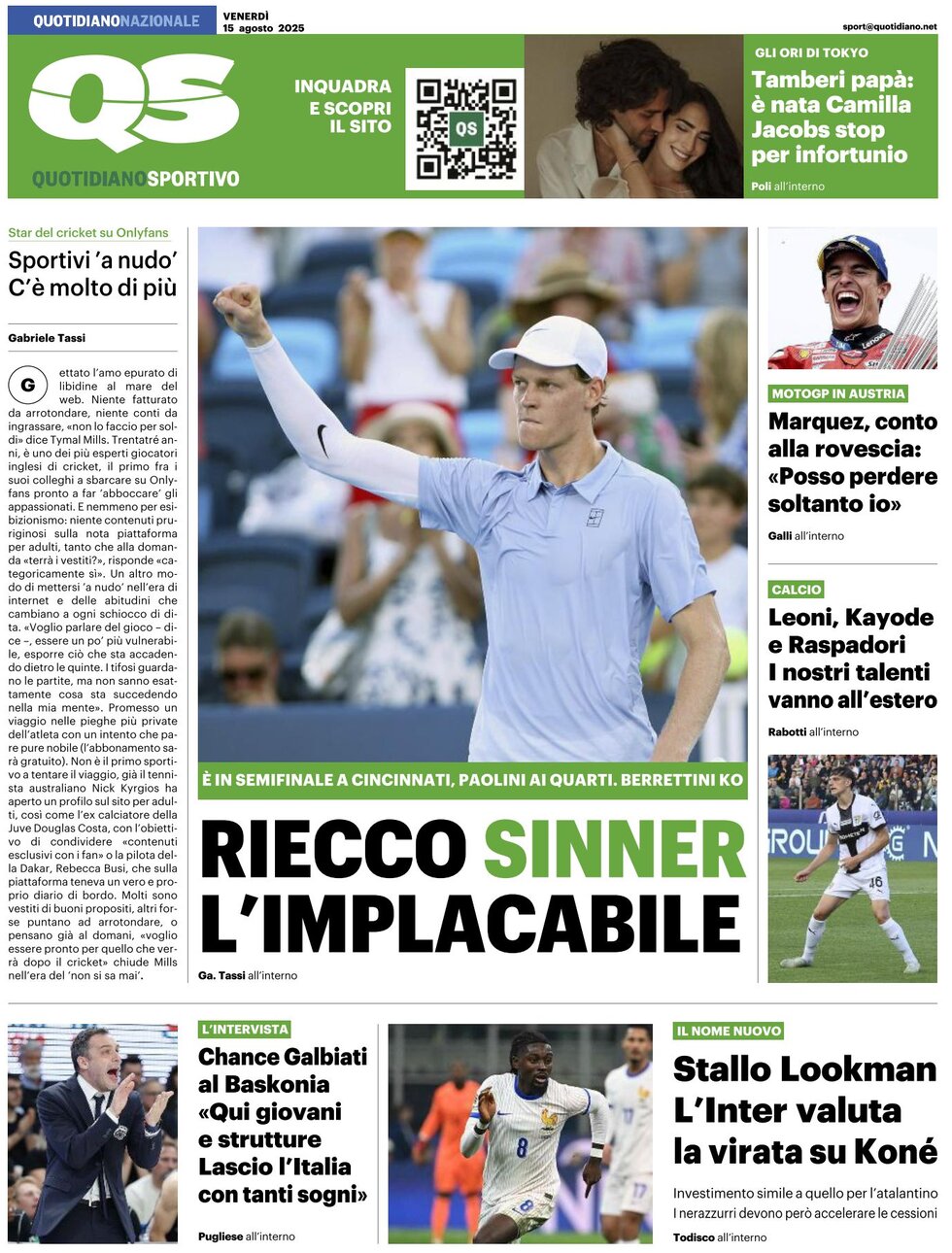 QS Quotidiano Sportivo - Front Page - 08/15/2025