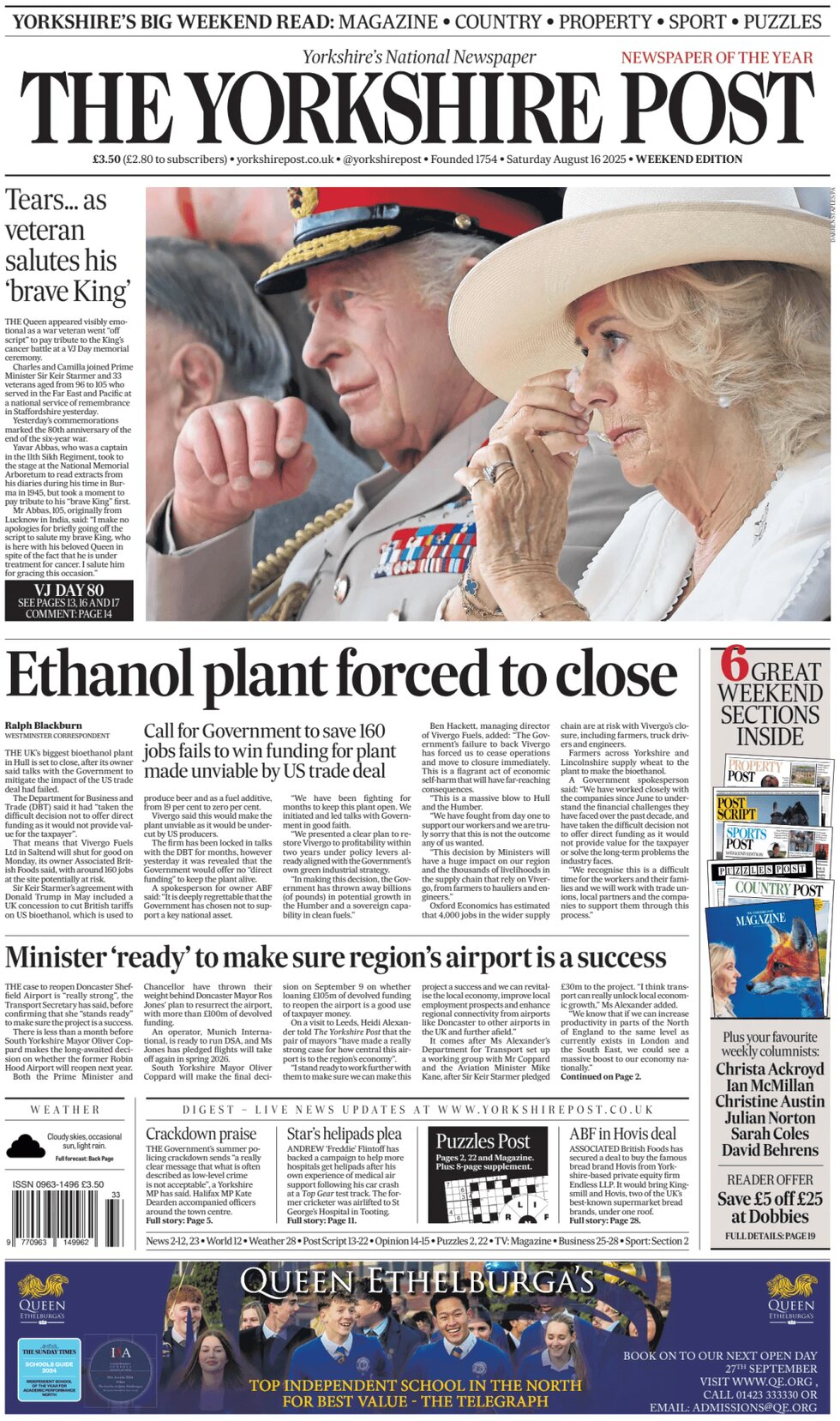 The Yorkshire Post - Front Page - 08/16/2025