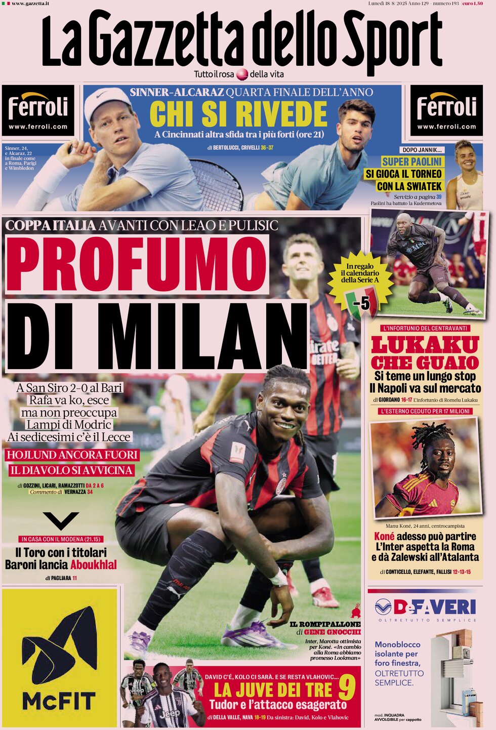 La Gazzetta dello Sport - Front Page - 08/18/2025
