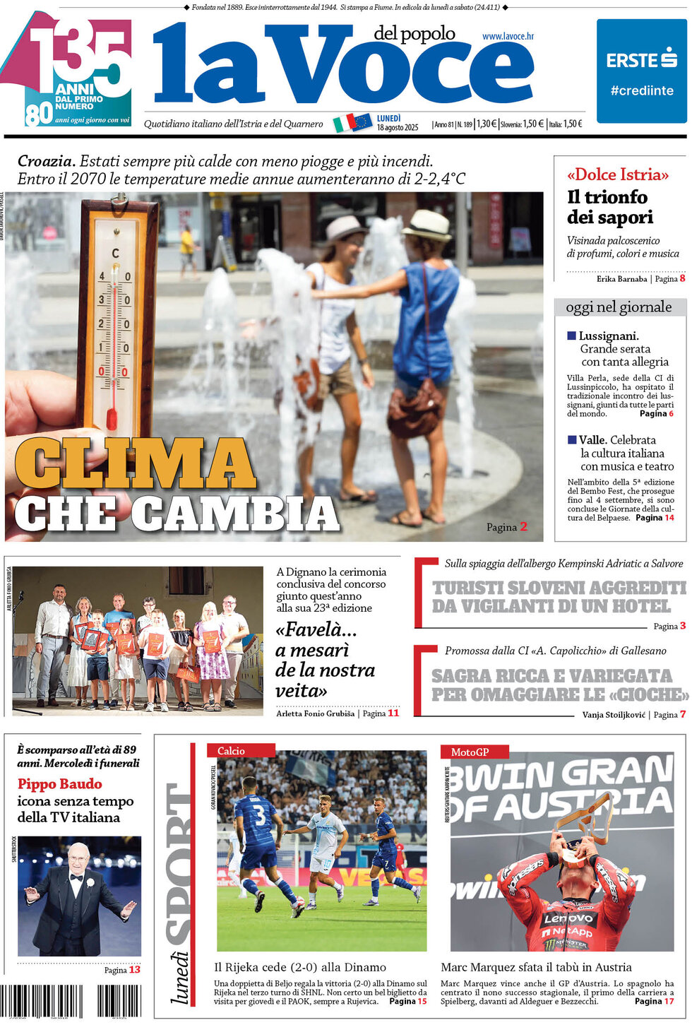 La Voce del popolo - Front Page - 08/18/2025