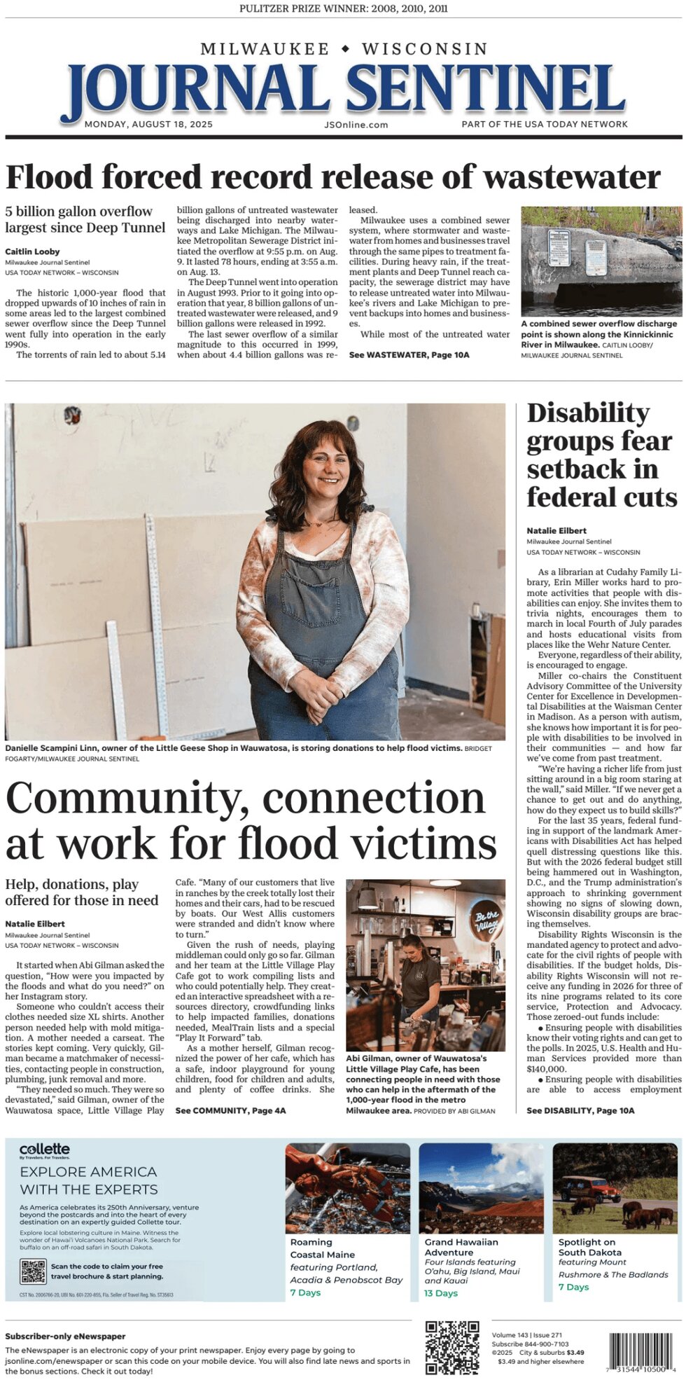 Milwaukee Journal Sentinel Today's Front Page, 18/08/2025