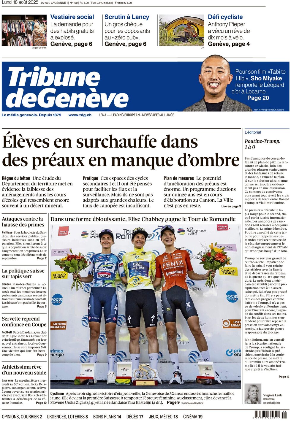 Tribune de Genève - Front Page - 08/18/2025