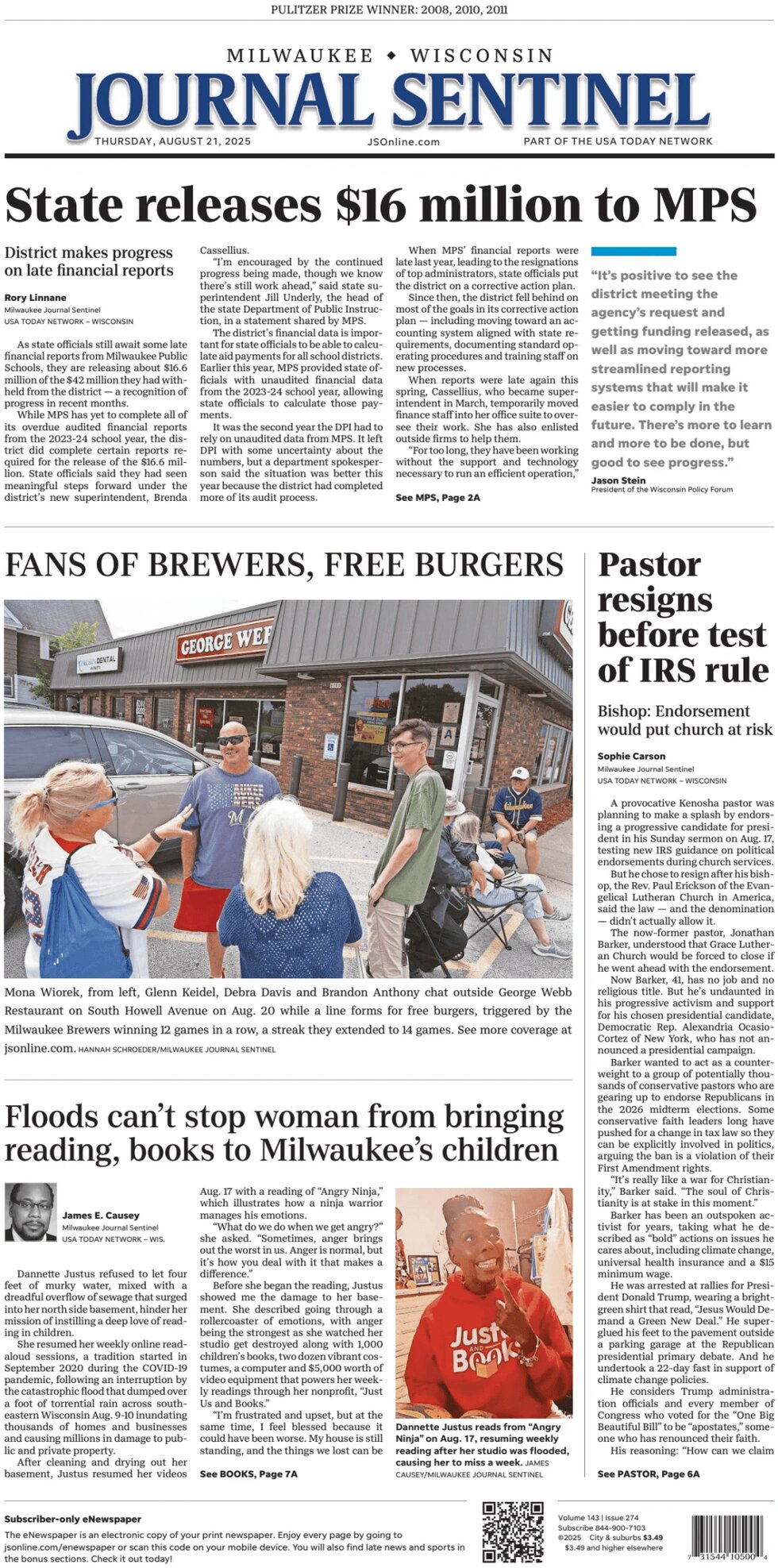 Milwaukee Journal Sentinel Today's Front Page, 21/08/2025