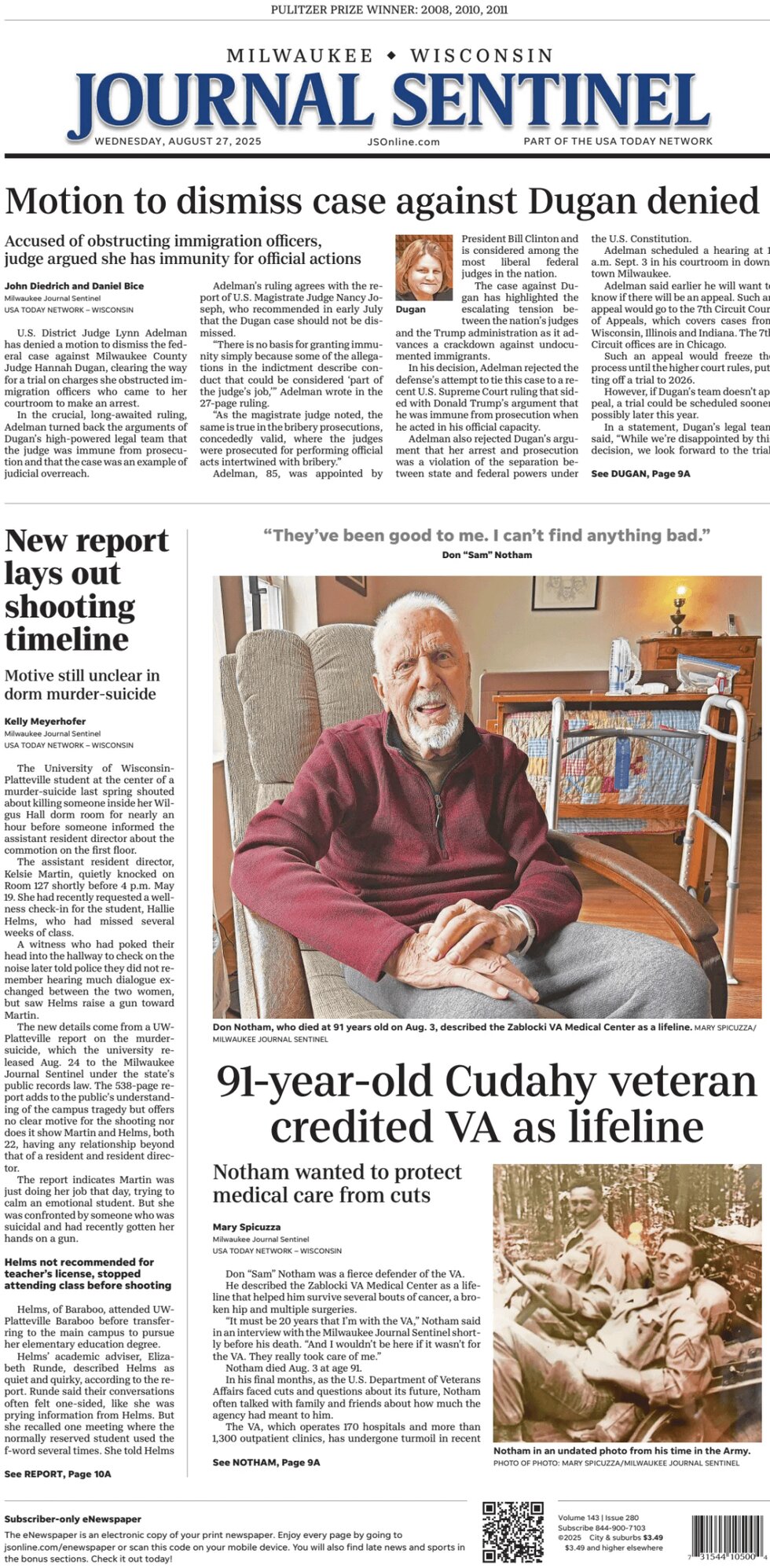 Milwaukee Journal Sentinel Today's Front Page, 27/08/2025(00)