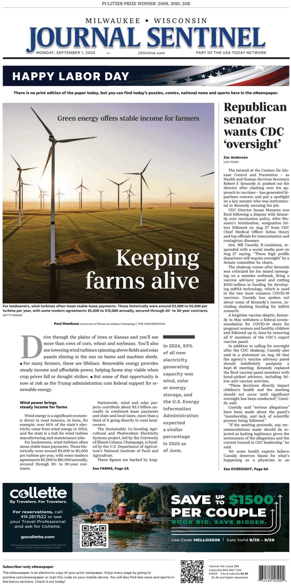 Milwaukee Journal Sentinel Today's Front Page, 01/09/2025