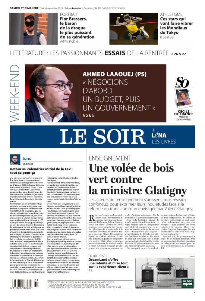 Le Soir - Front Page - 09/14/2025