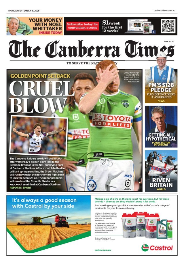 The Canberra Times - Front Page - 09/15/2025