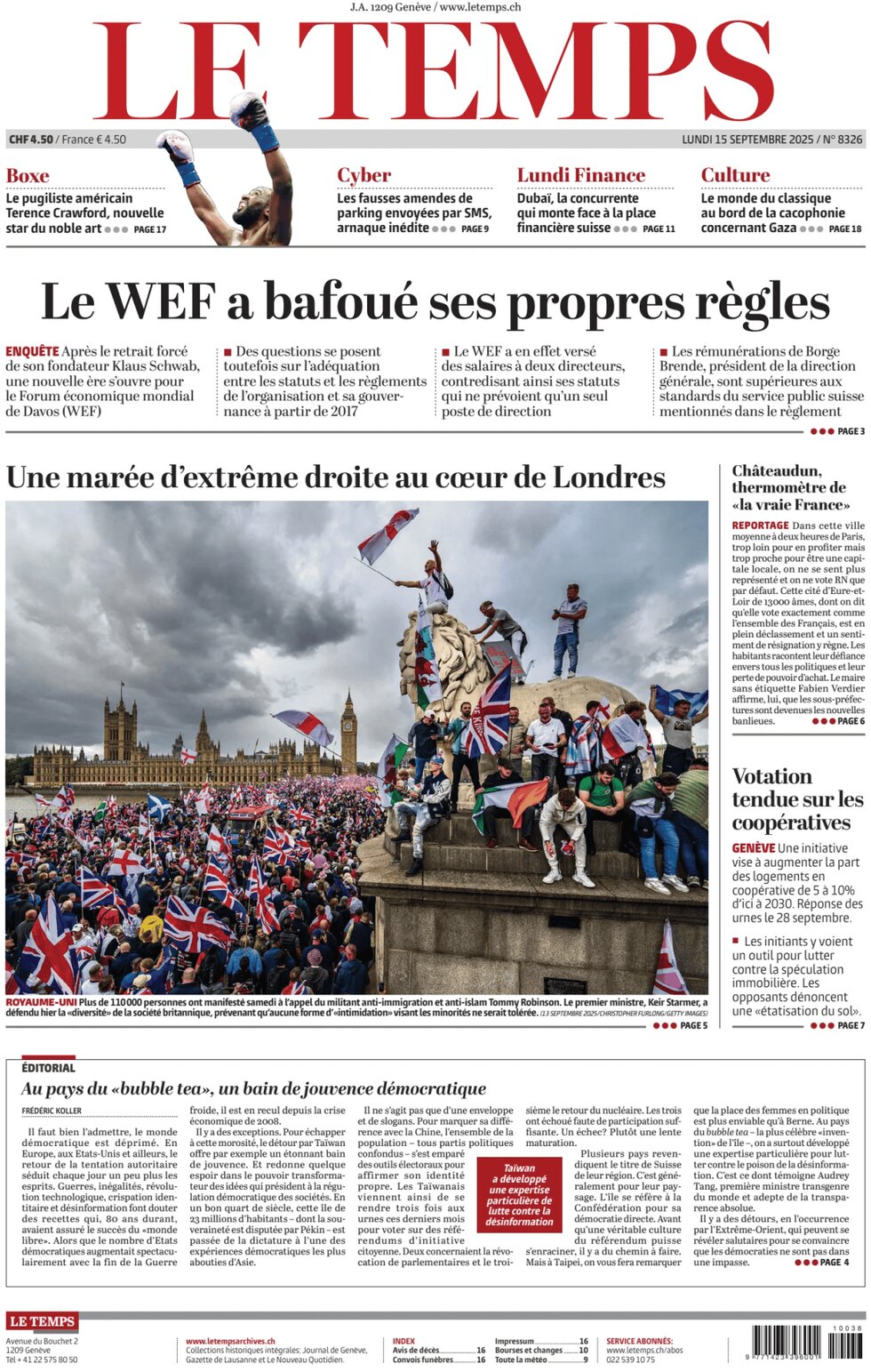 Le Temps - Front Page - 09/15/2025