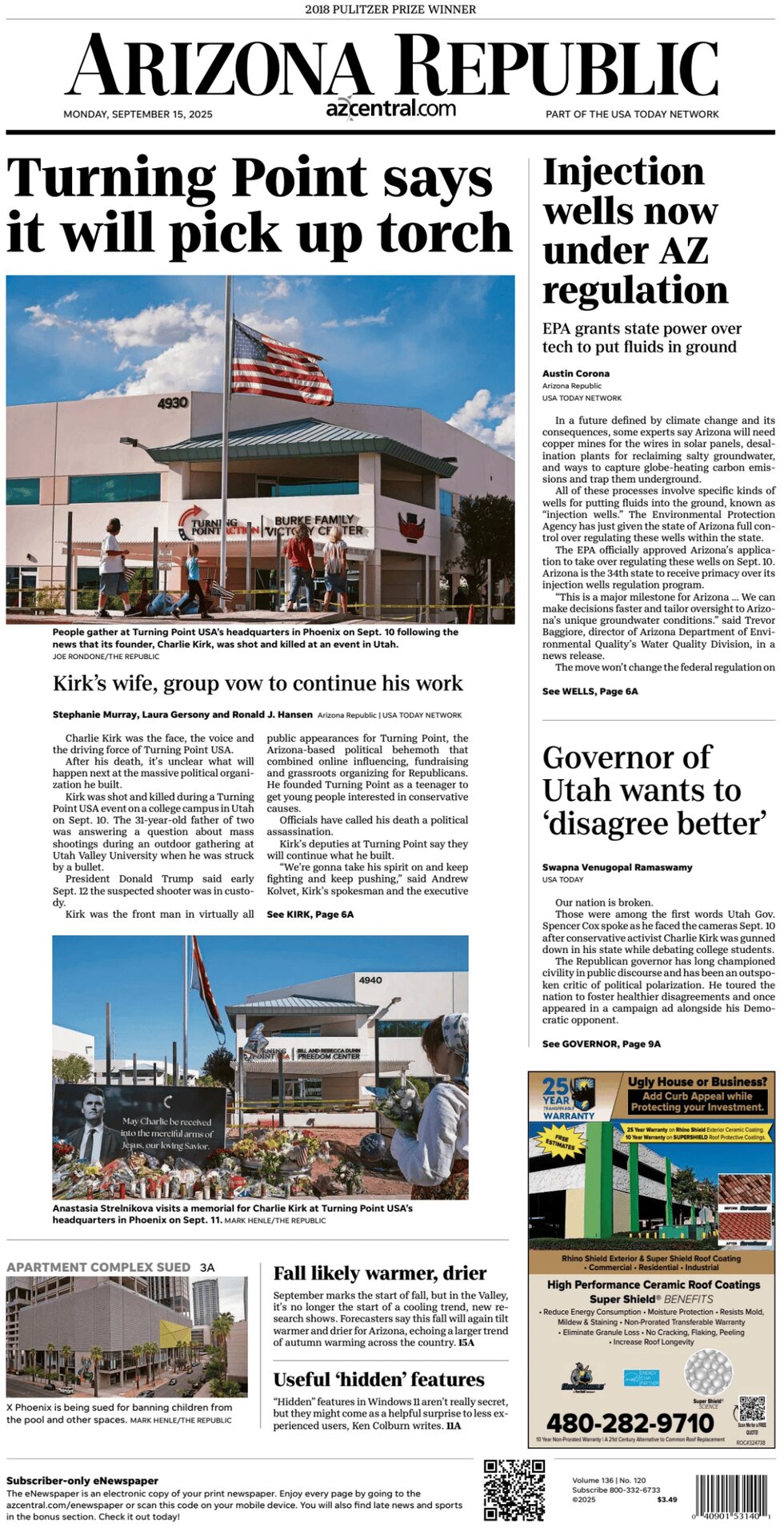 The Arizona Republic - Cover - 09/15/2025