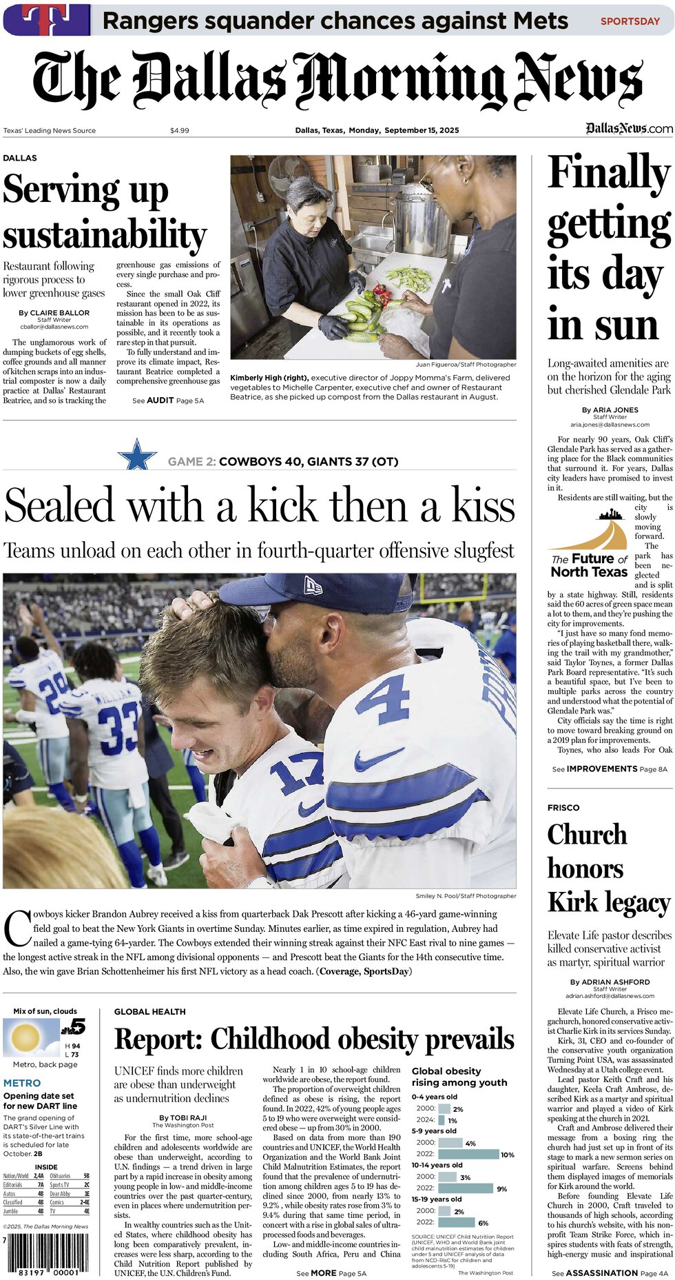The Dallas Morning News - Today's Front Page, 15/09/2025