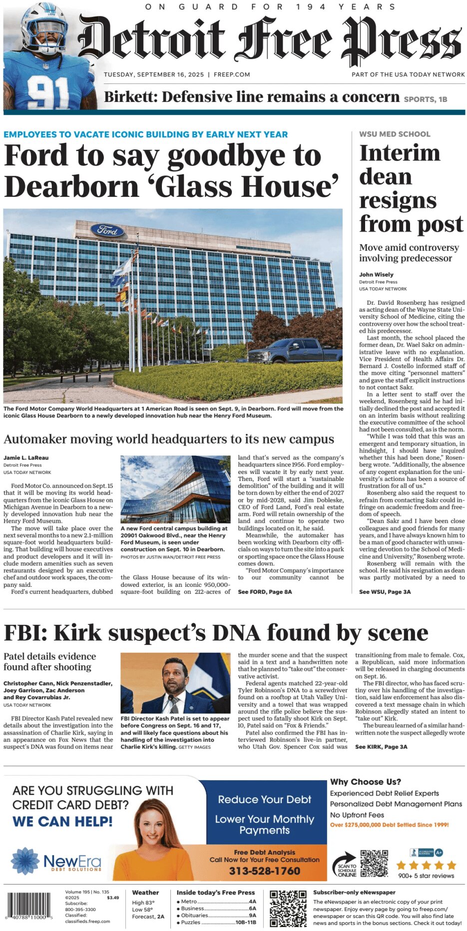 Detroit Free Press - Cover - 09/16/2025