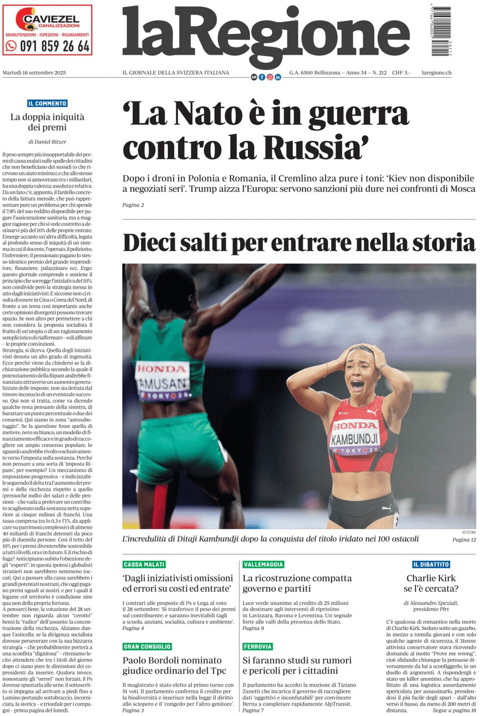 La Regione - Front Page - 09/16/2025