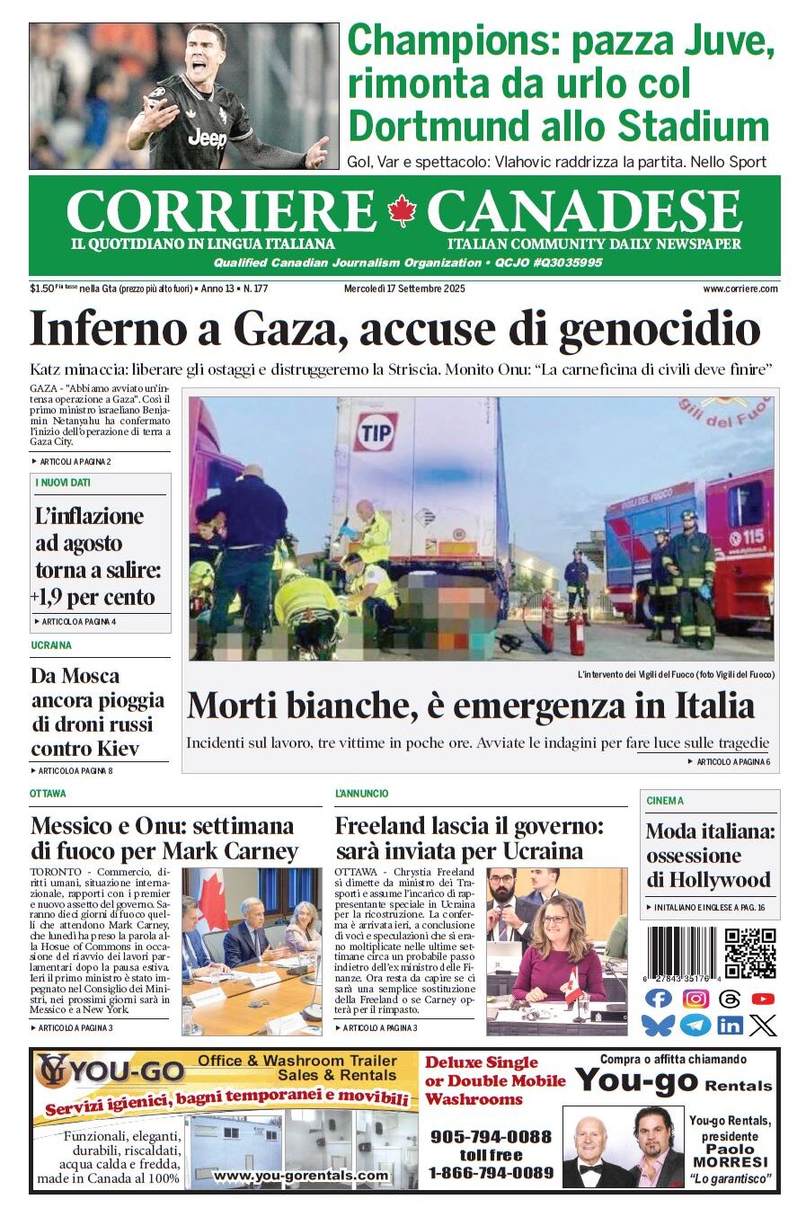 Corriere Canadese - Front Page - 09/17/2025