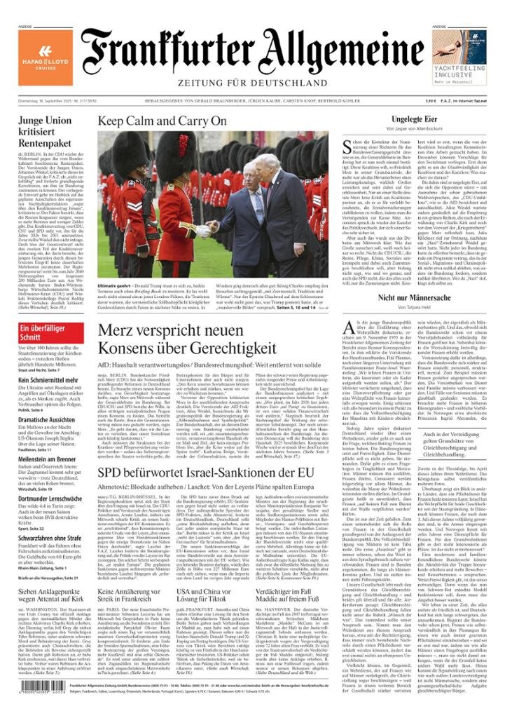 Frankfurter Allgemeine Zeitung - Front Page - 09/18/2025