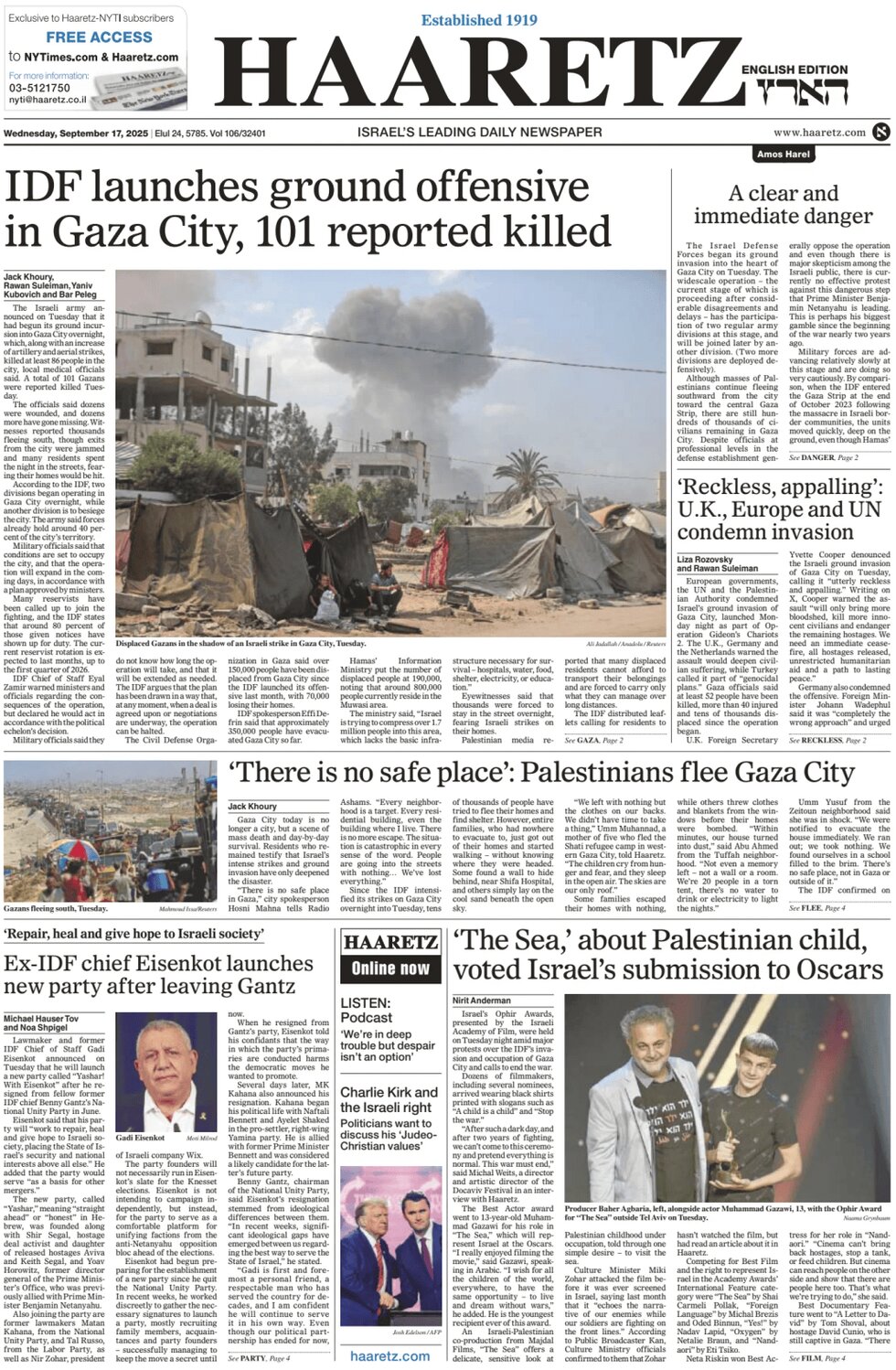 Haaretz - Front Page - 09/17/2025