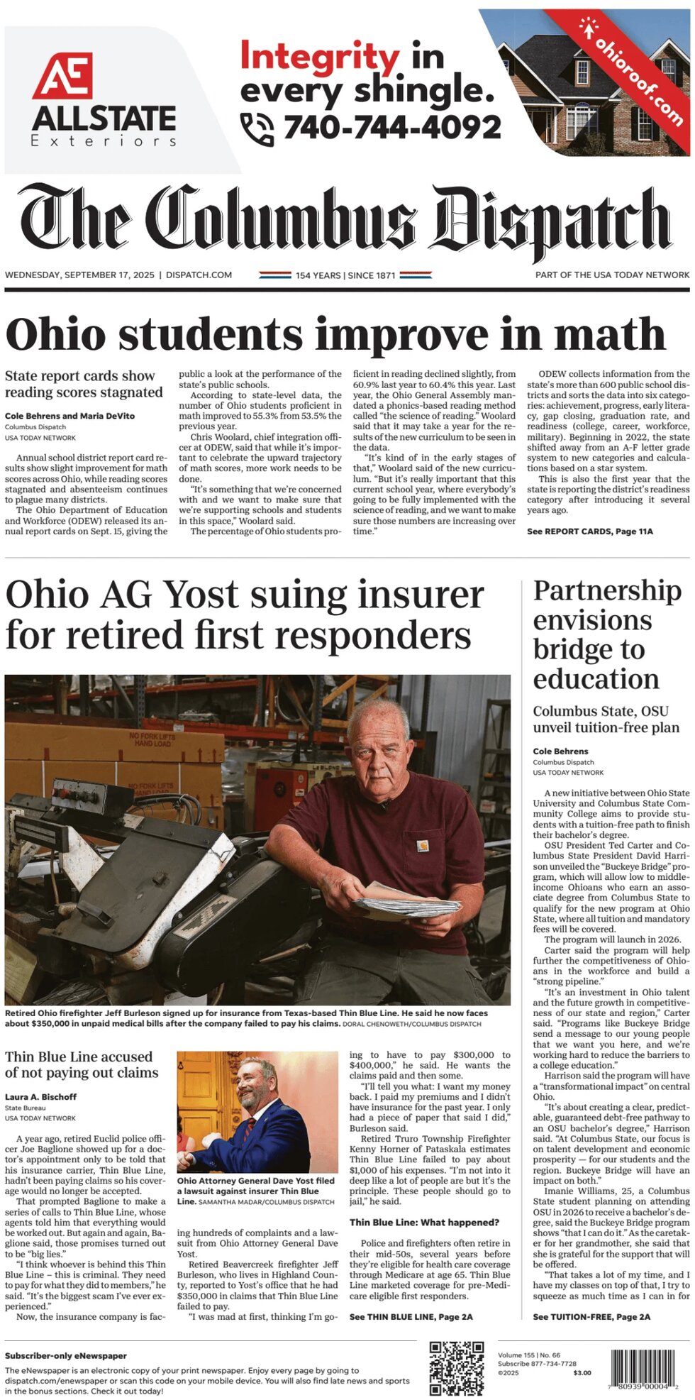 The Columbus Dispatch - Cover - 09/17/2025