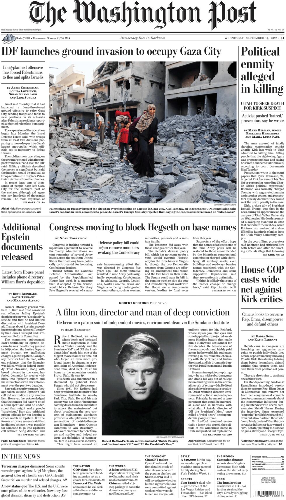 Washington State Post The Washington Post - Today's Front Page, 17/09/2025
