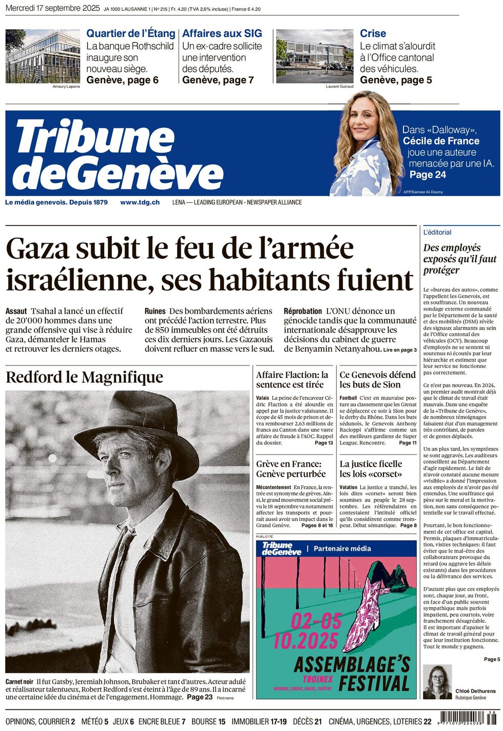Tribune de Genève - Front Page - 09/17/2025