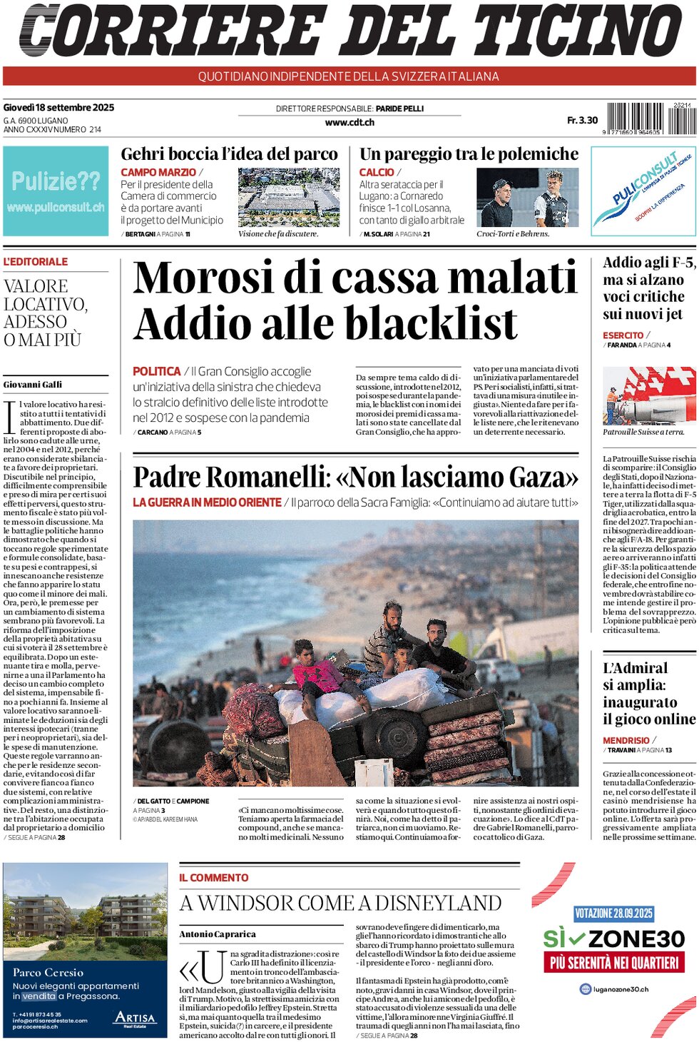 Corriere del Ticino - Front Page - 09/18/2025