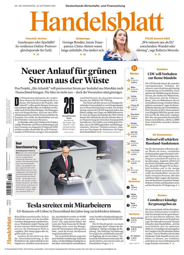 Handelsblatt - Front Page - 09/18/2025