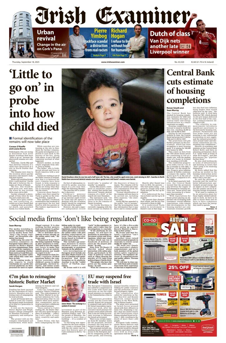 Irish Examiner - Front Page - 09/18/2025