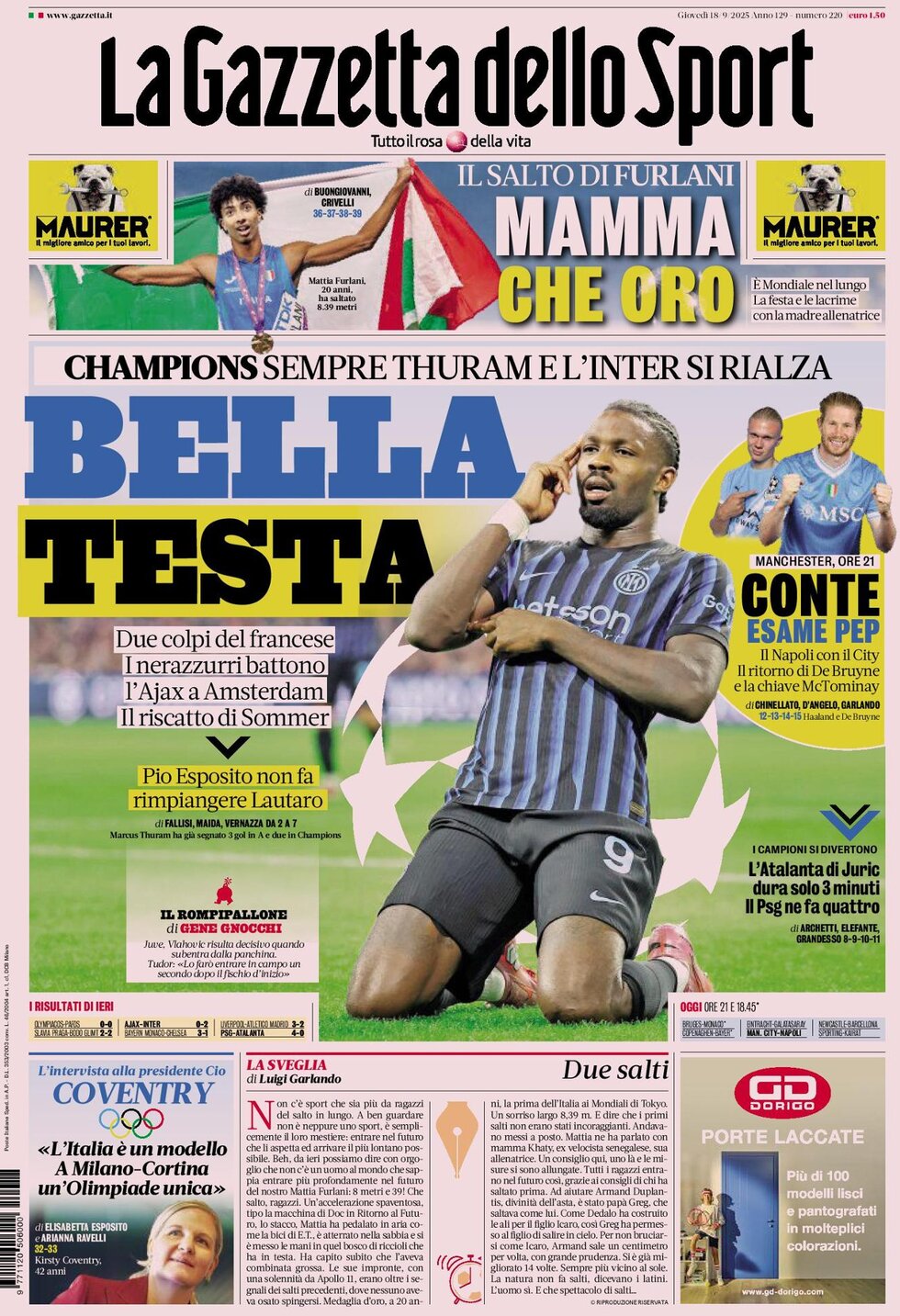 La Gazzetta dello Sport - Front Page - 09/18/2025