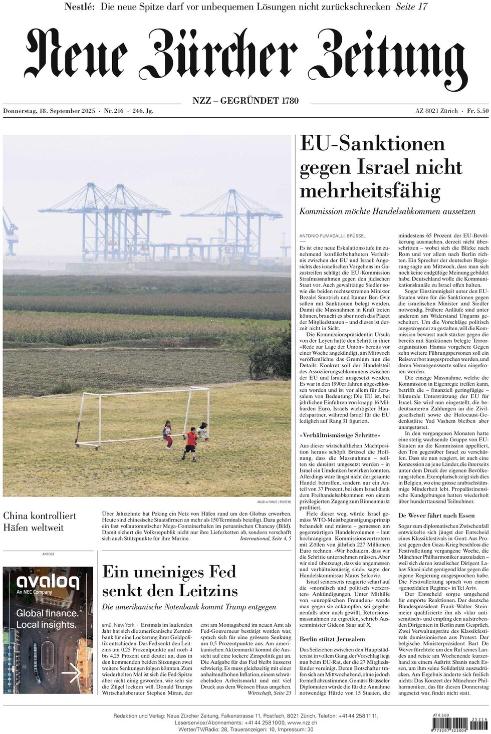 NZZ (Neue Zürcher Zeitung) - Front Page - 09/18/2025