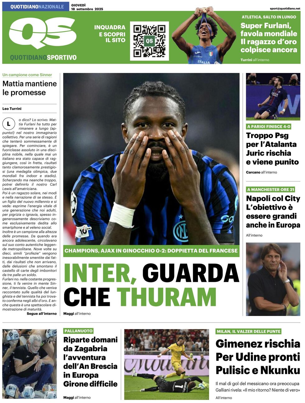 QS Quotidiano Sportivo - Front Page - 09/18/2025