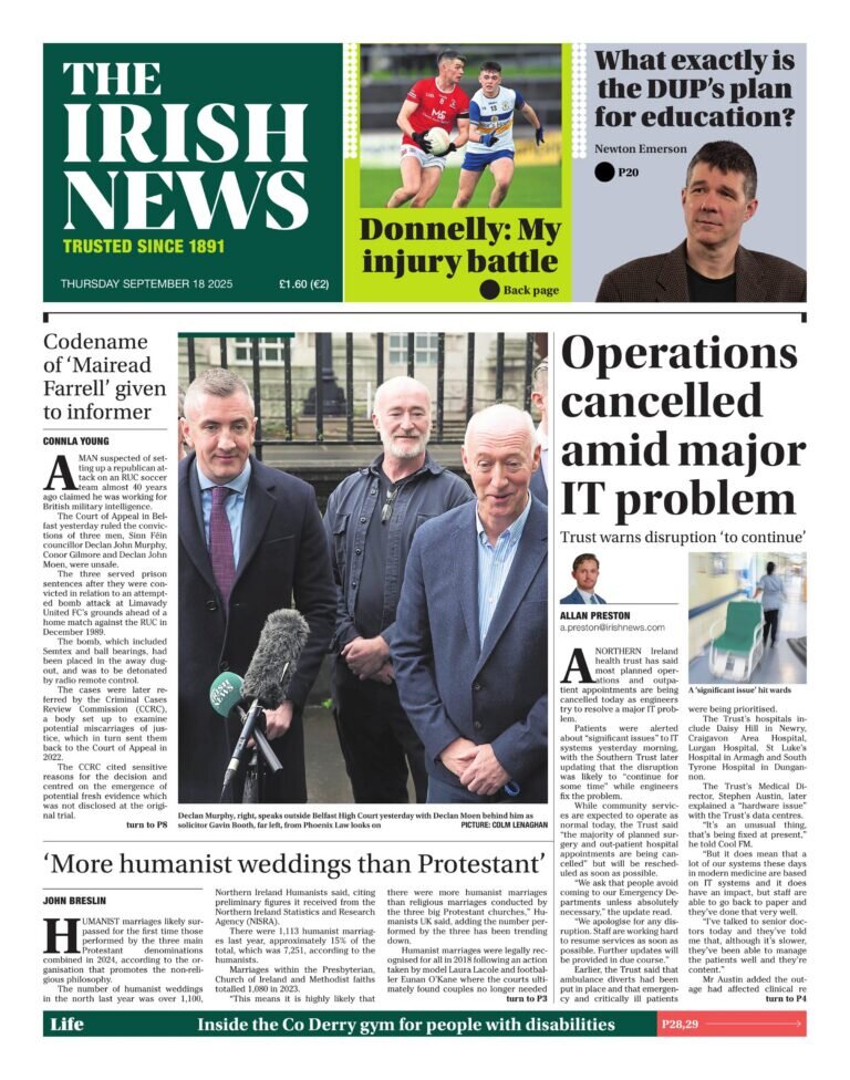 The Irish News - Front Page - 09/18/2025