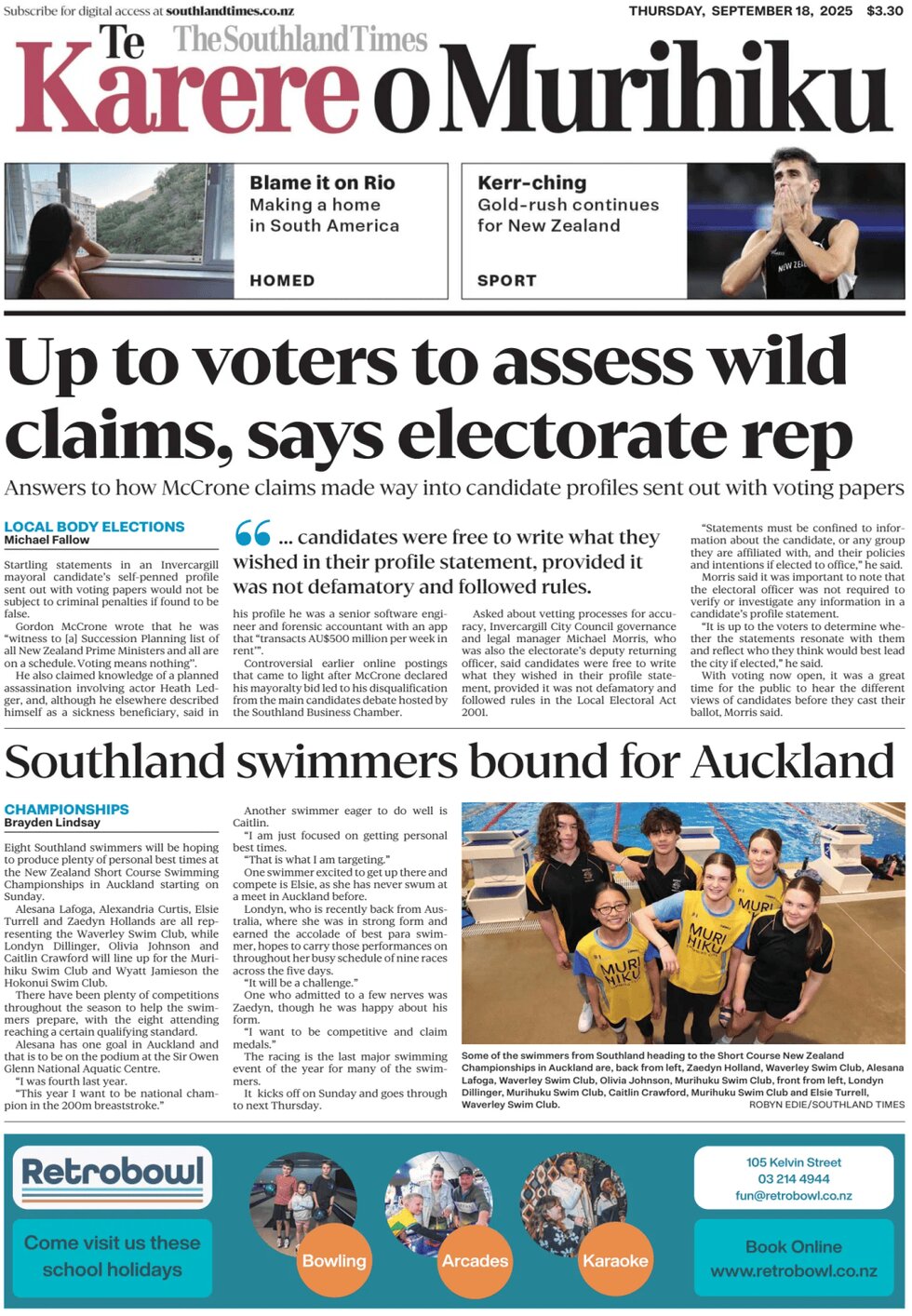 The Southland Times - Front Page - 09/18/2025