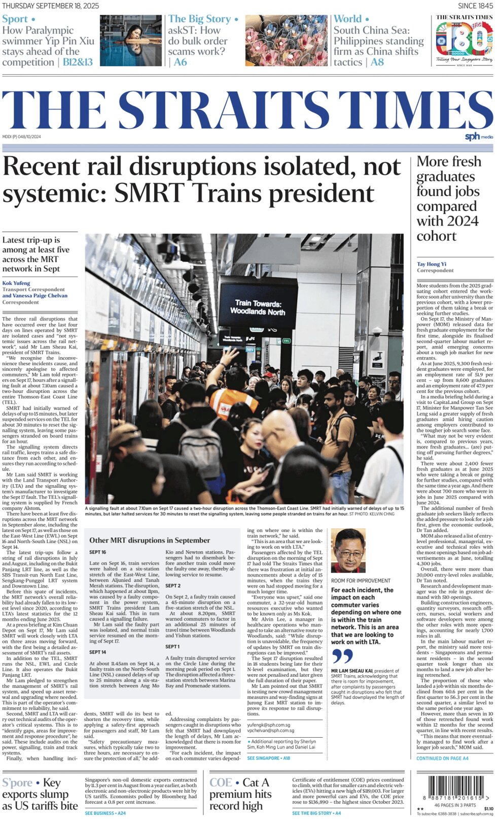 The Straits Times - Front Page - 09/18/2025