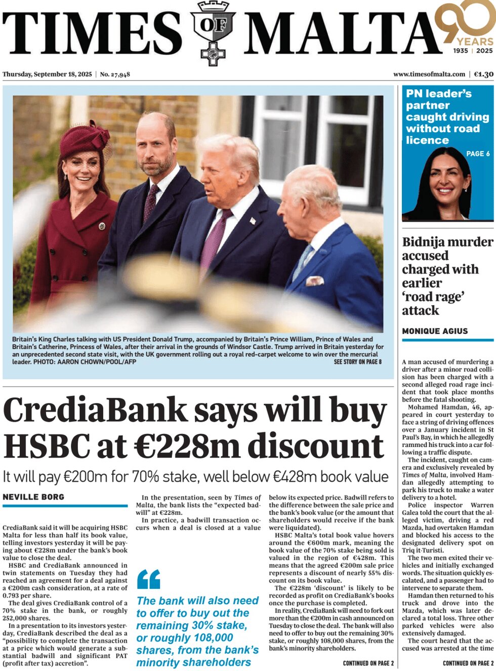 Times of Malta - Front Page - 09/18/2025