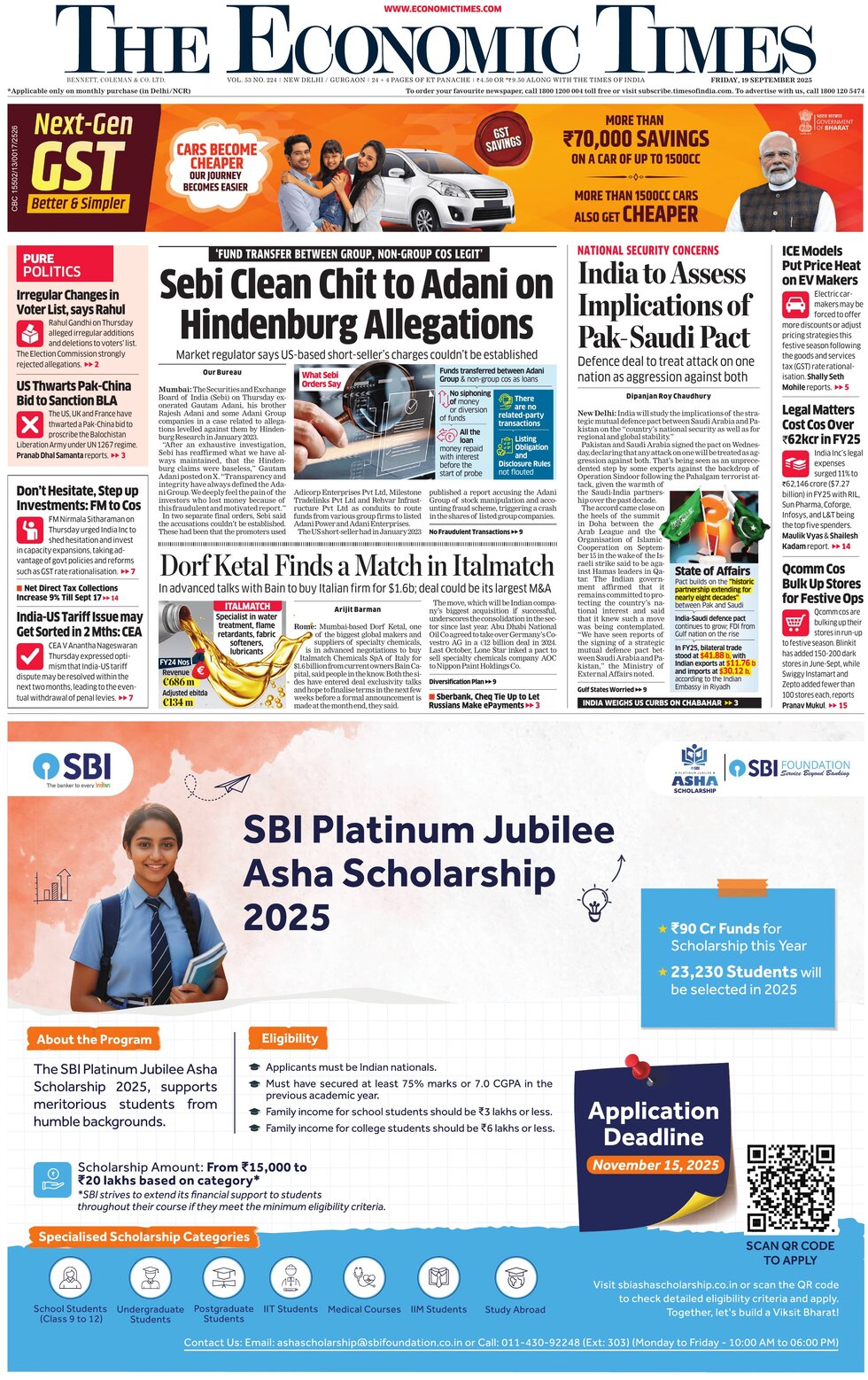 The Economic Times - Front Page - 09/19/2025