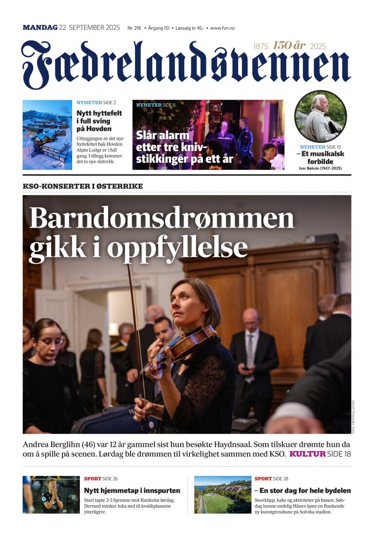 Fædrelandsvennen - Front Page - 09/22/2025