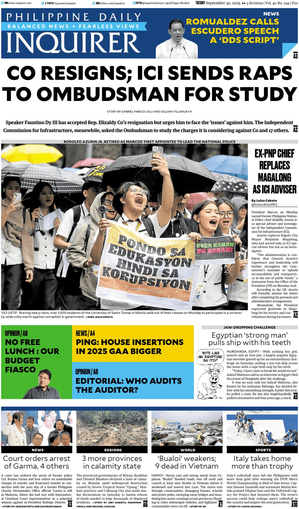 Philippine Daily Inquirer - Today's Front Page, 30/09/2025
