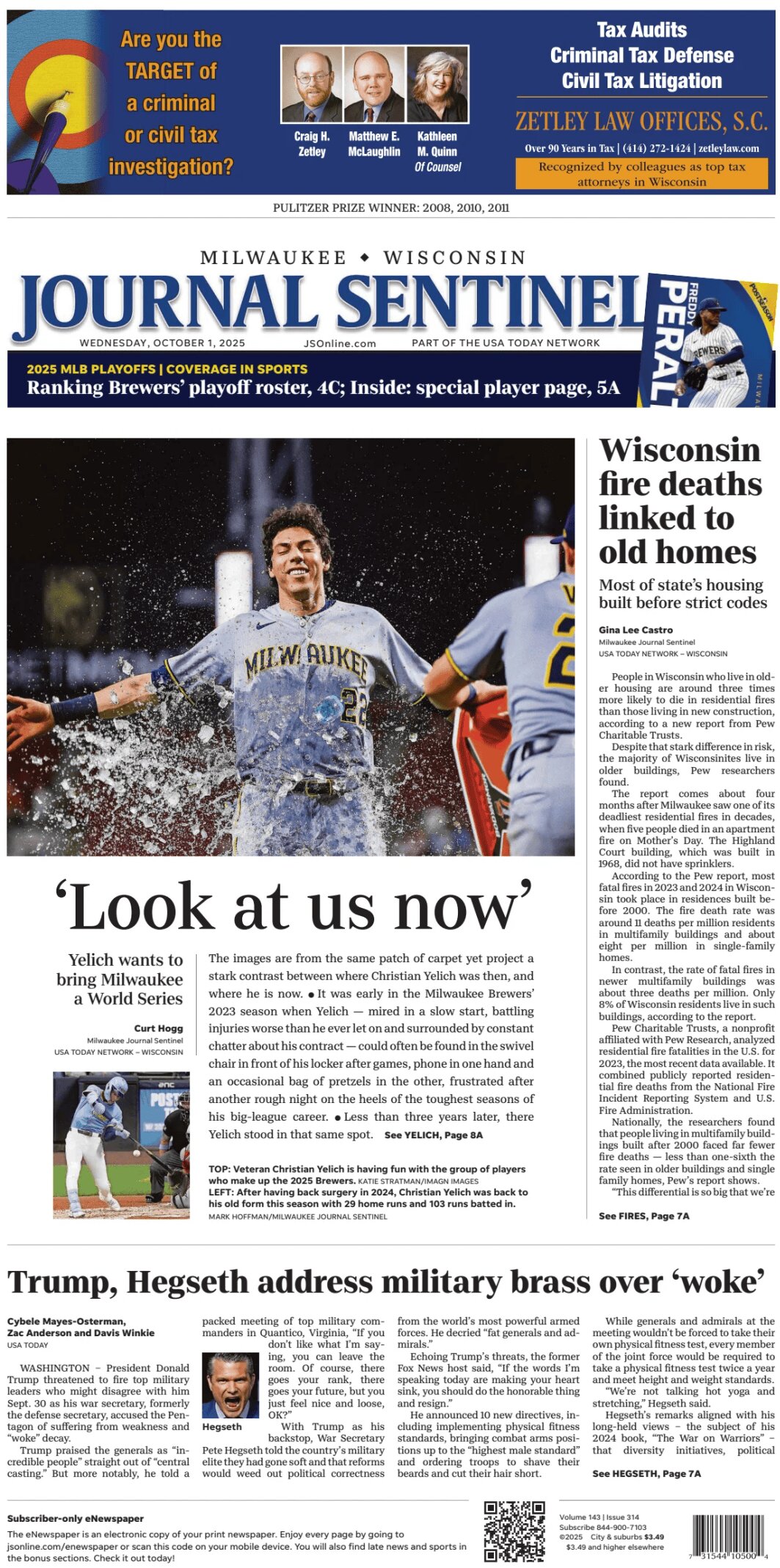 Milwaukee Journal Sentinel - Cover - 10/01/2025