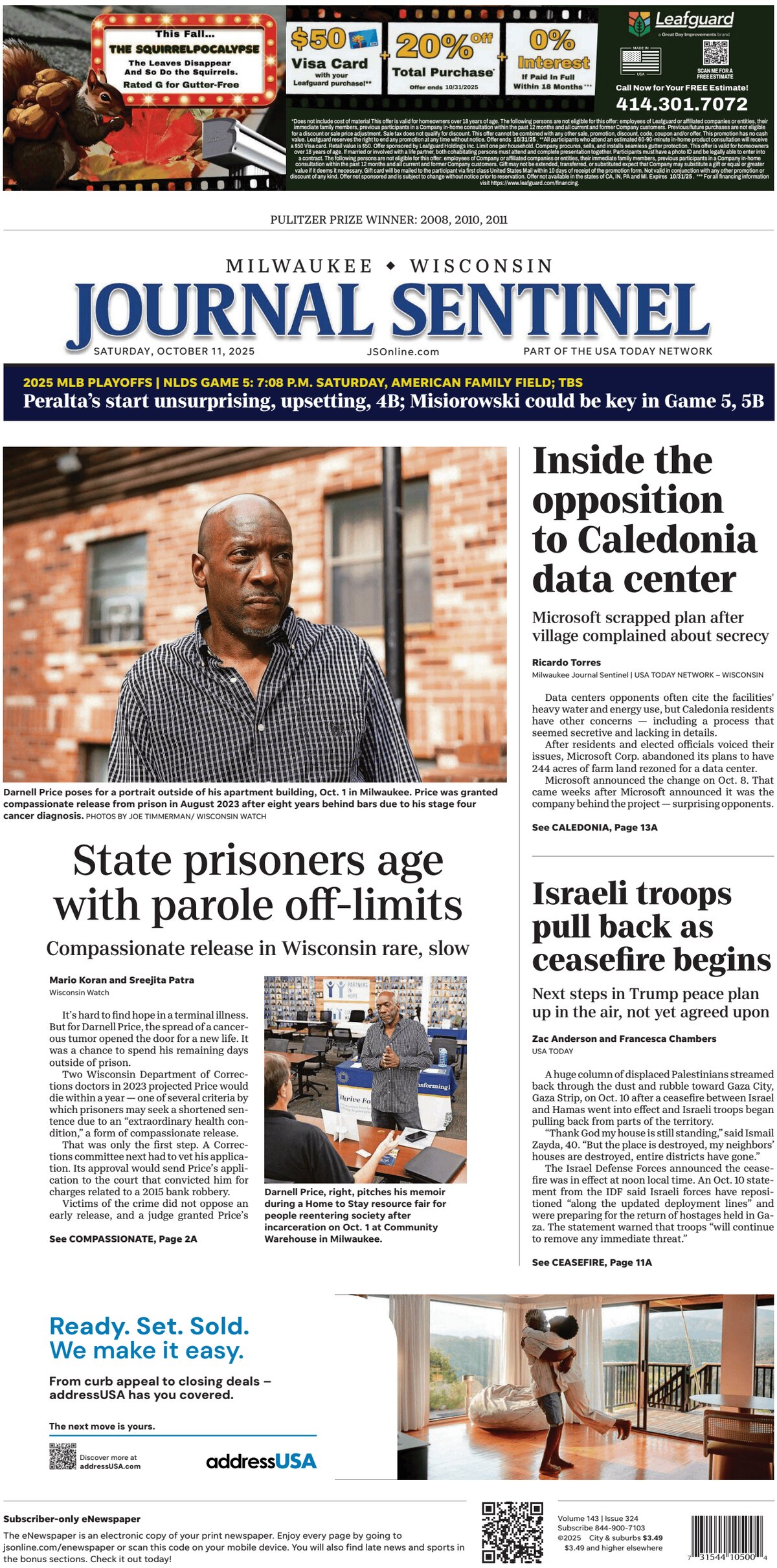 Milwaukee Journal Sentinel Today's Front Page, 11/10/2025