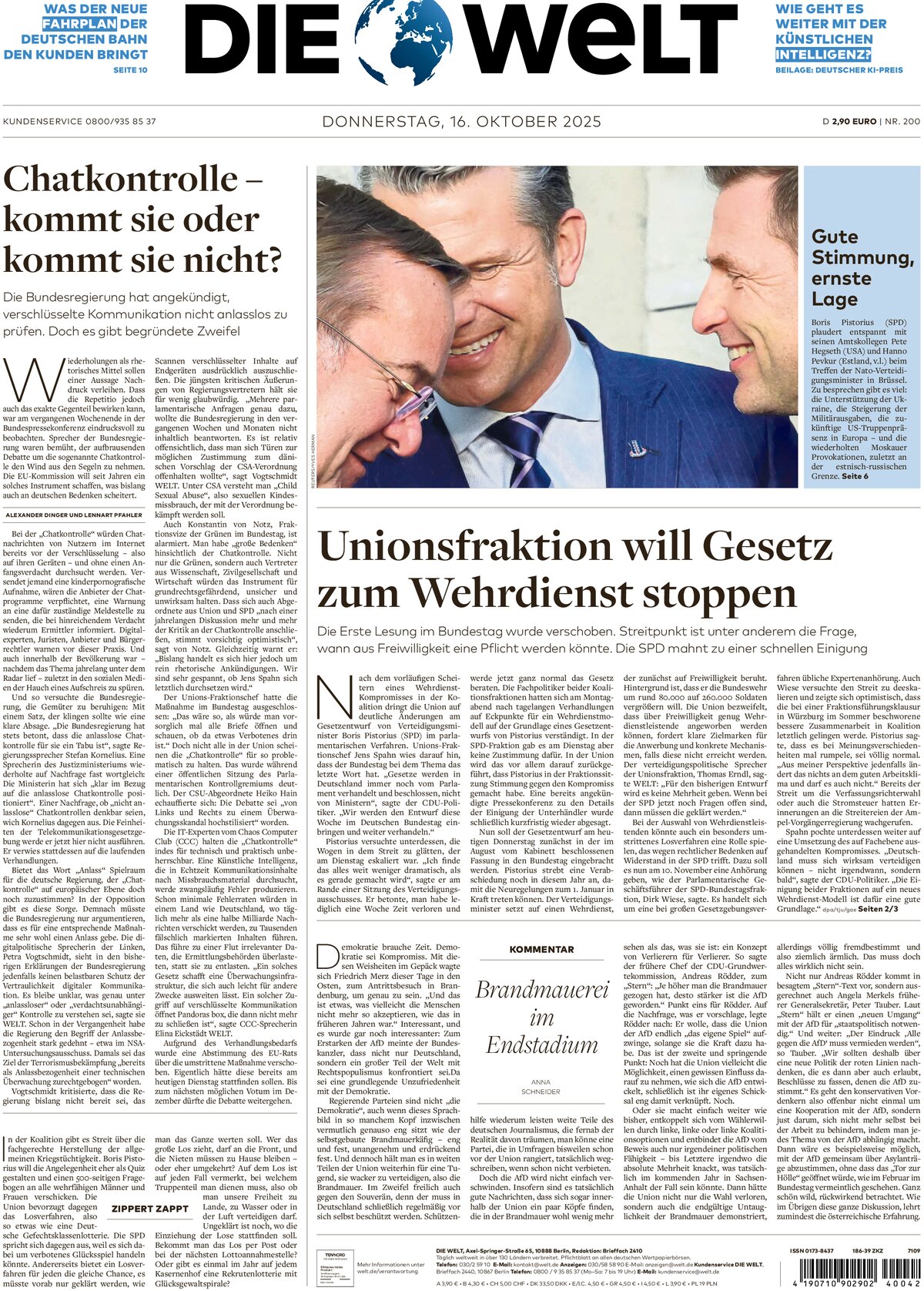 Die Welt - Front Page - 10/16/2025