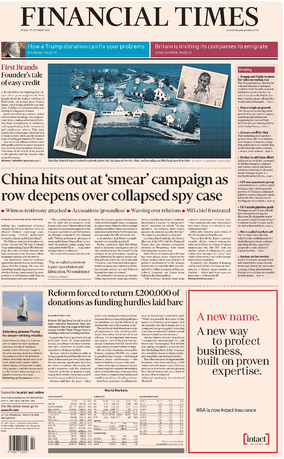 Financial Times - Front Page - 10/17/2025