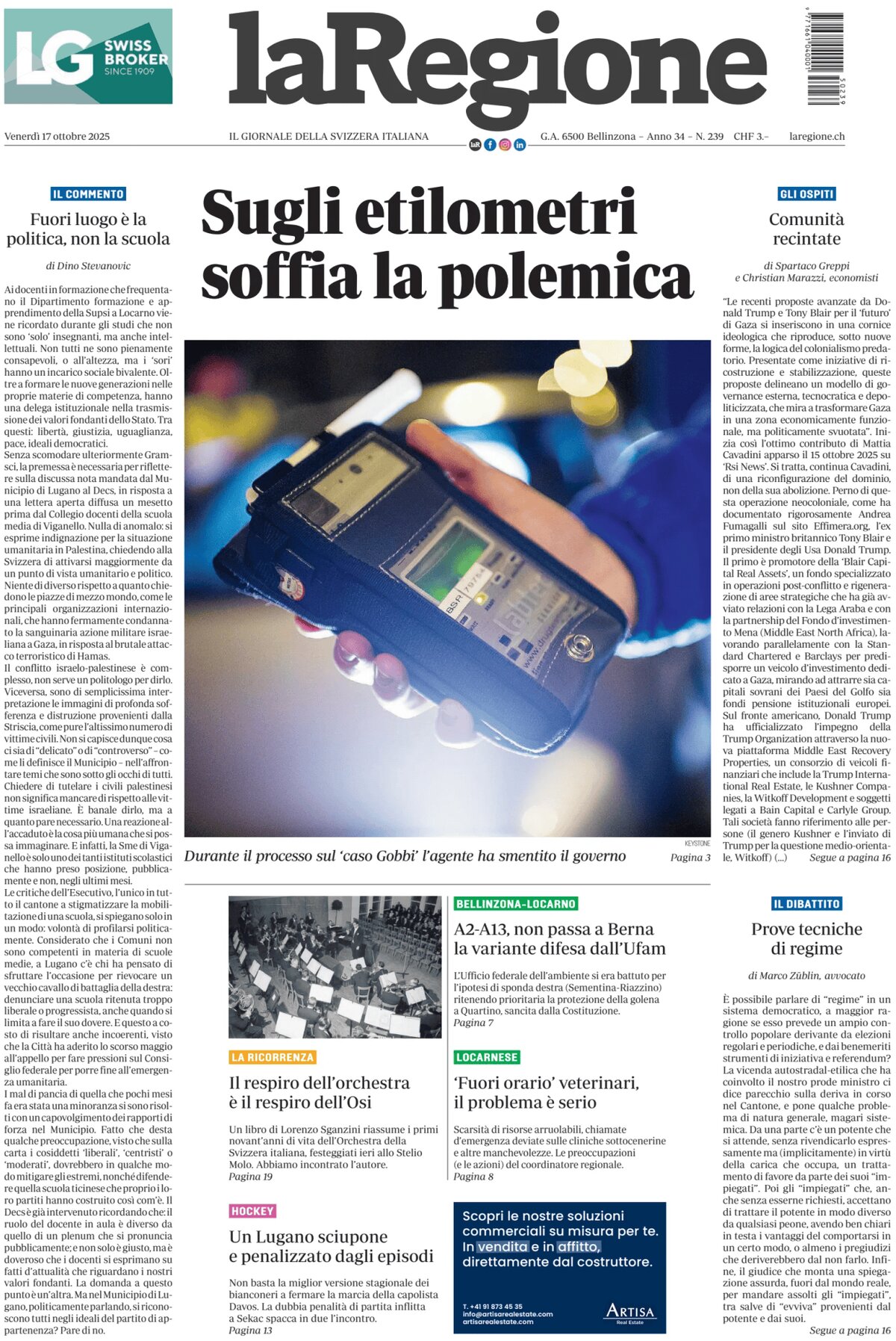 La Regione - Front Page - 10/17/2025