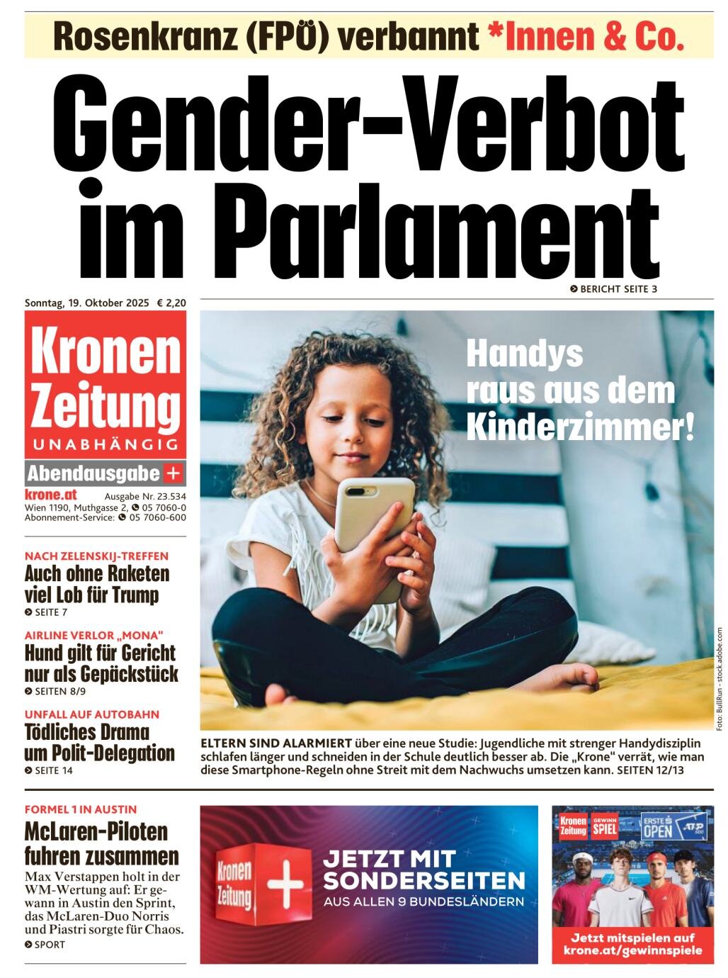 Kronen Zeitung - Front Page - 10/19/2025