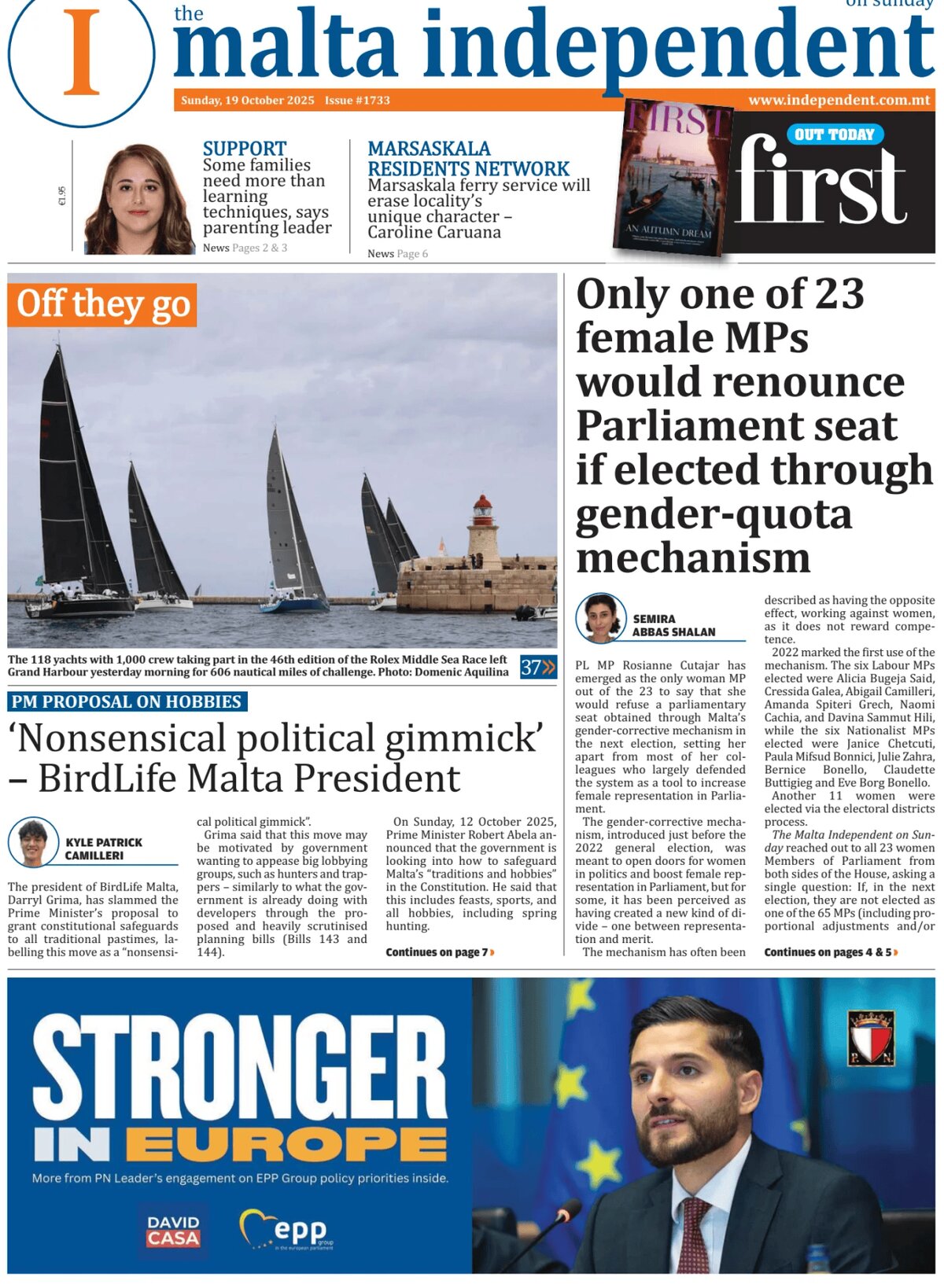 The Malta Independent - Front Page - 10/19/2025