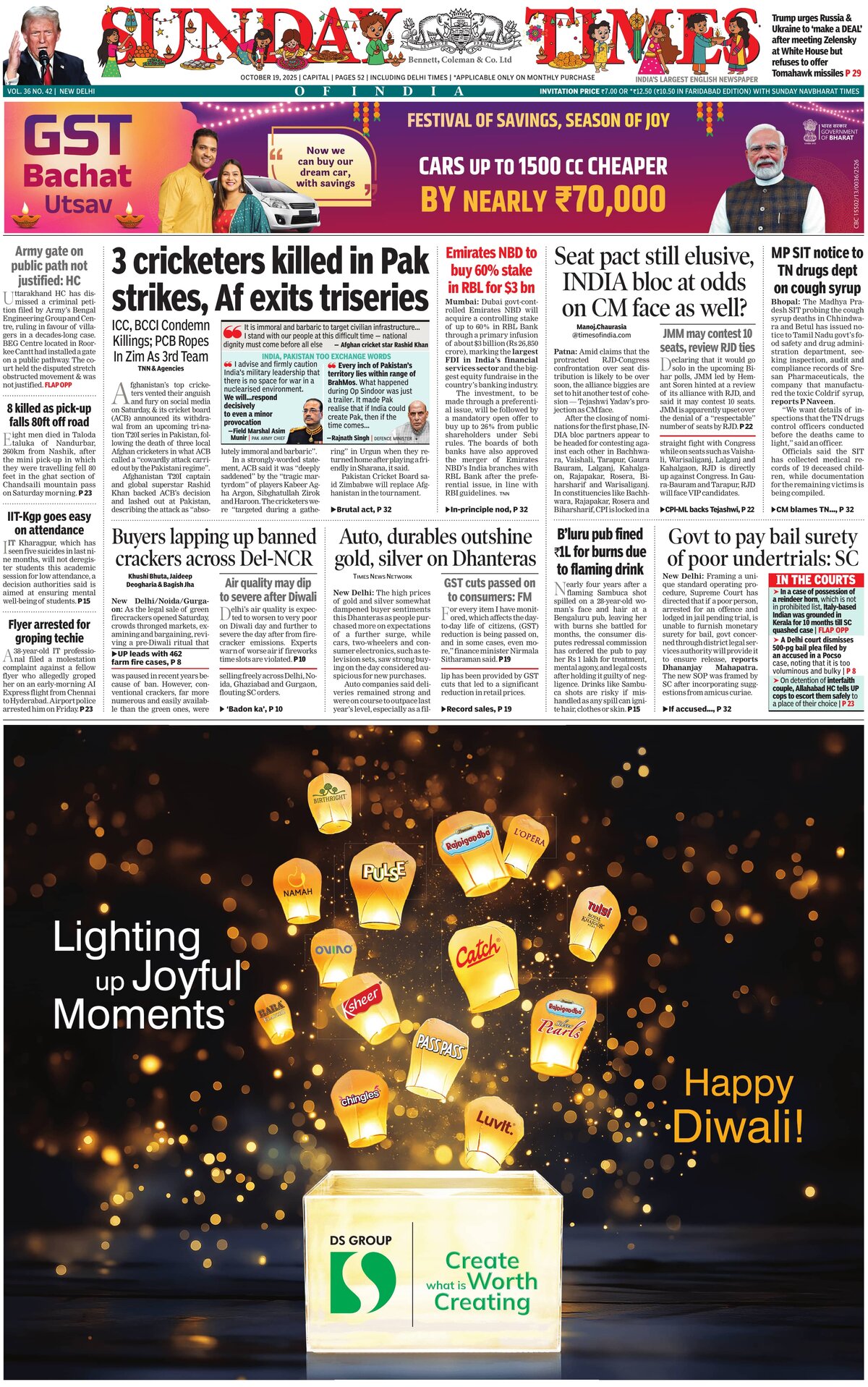 The Times of India - Front Page - 10/19/2025
